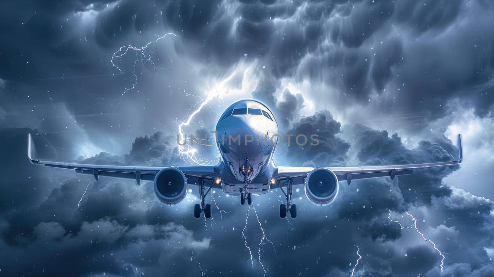 A plane is flying through a stormy sky.