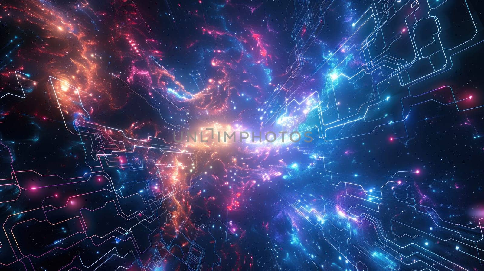 A colorful galaxy with a blue background and red and orange swirls. The stars are bright and the colors are vibrant