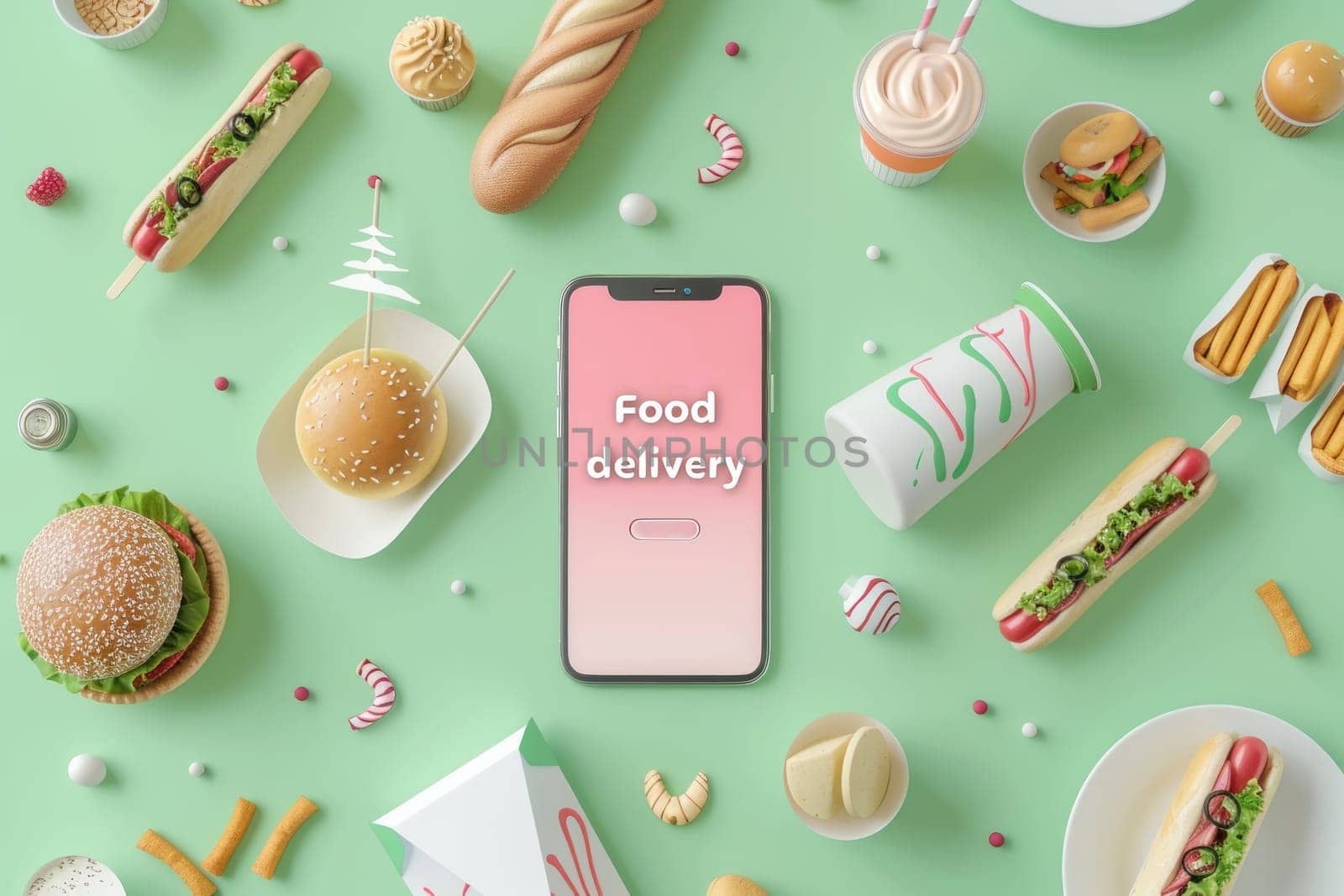 A food delivery app is shown on a green background with a variety of food items.