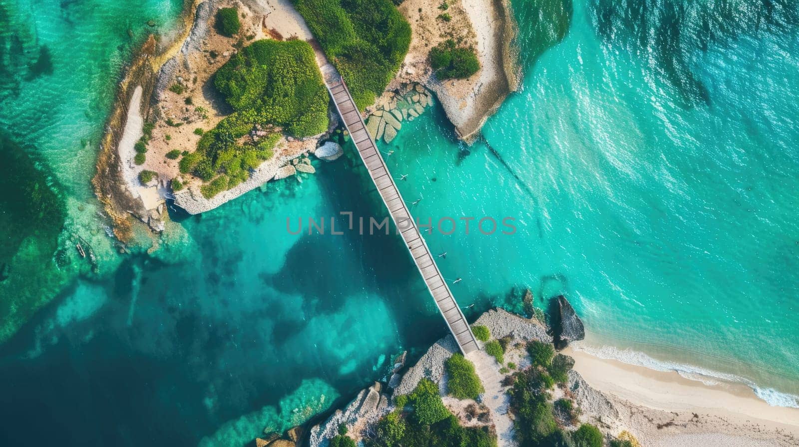 An aerial view of a tropical island showcasing a dock extending into the aqua water leading to a beautiful beach surrounded by lush green trees and natural landscape AIG50