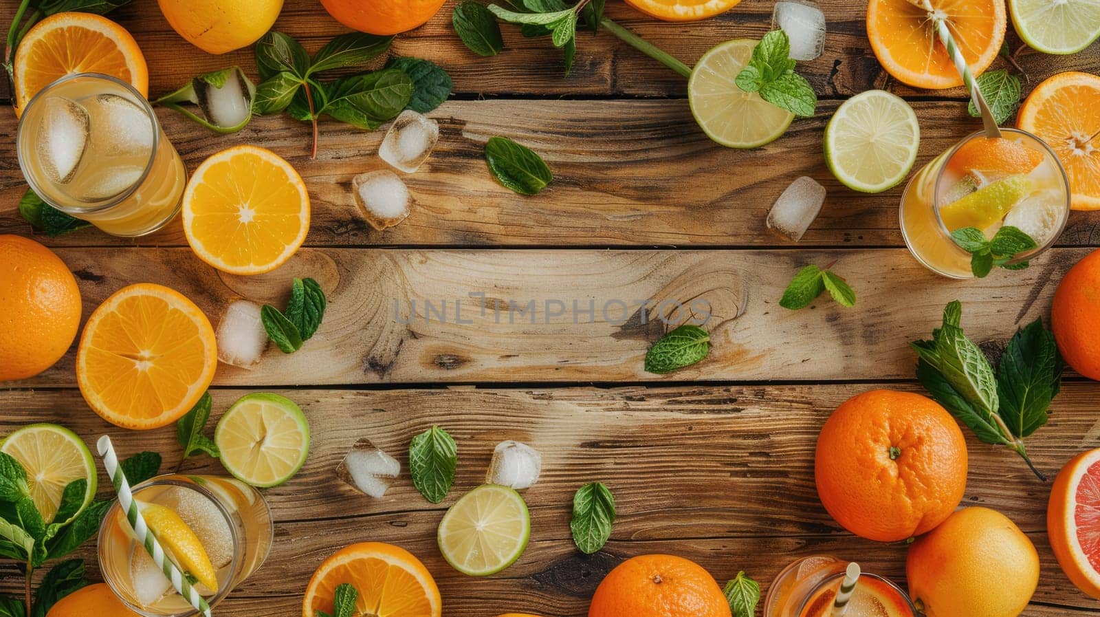 Various types of citrus fruits, in shades of yellow and green, are displayed on the table. A lively display of natures colors and flavors AIG50