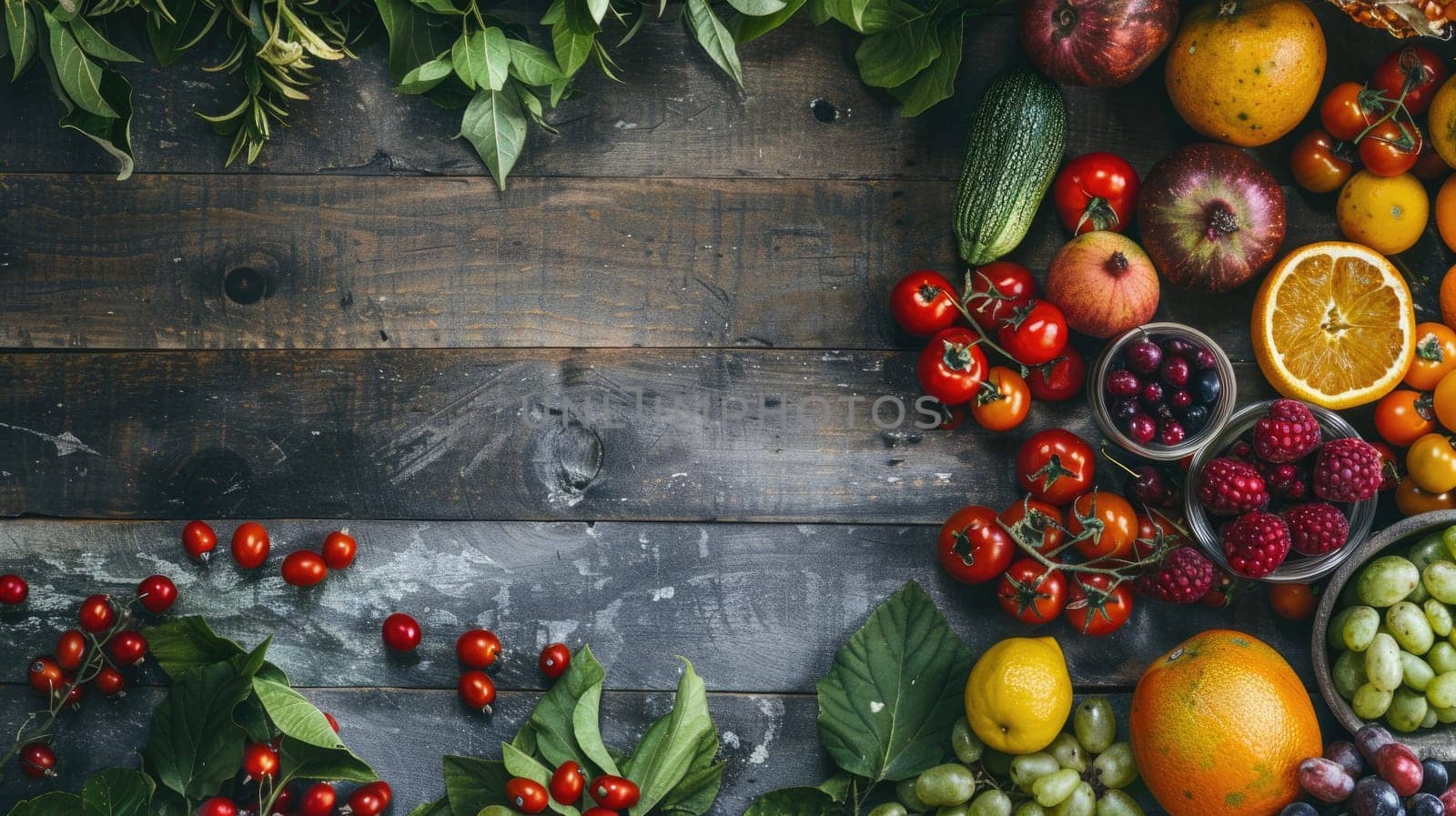 A wooden table adorned with a colorful array of fruits and vegetables, showcasing local food ingredients for wholesome recipes and natural whole foods AIG50
