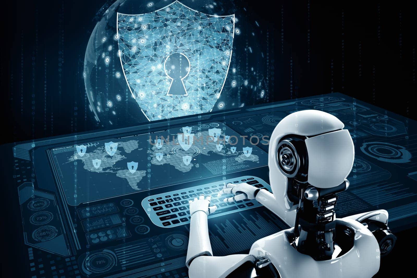 MLP 3d illustration AI robot using cyber security to protect information privacy. Futuristic concept of cybercrime prevention by artificial intelligence and machine learning process. 3D rendering illustration.