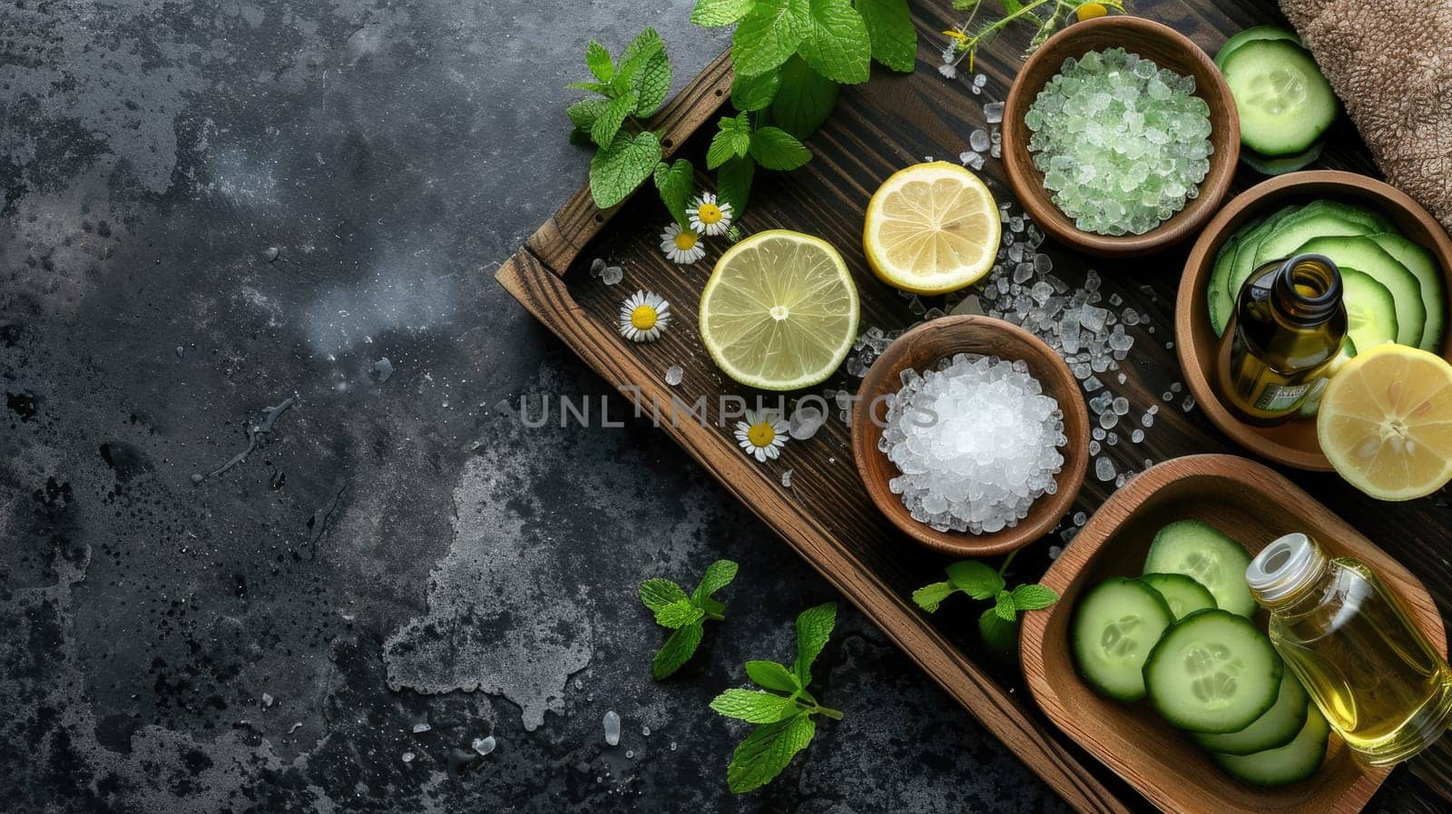 A wooden tray showcasing bowls of lemons, cucumbers, salt, and essential oils, perfect for adding flavor and freshness to dishes. A display of colorful produce and ingredients for a delicious recipe AIG50