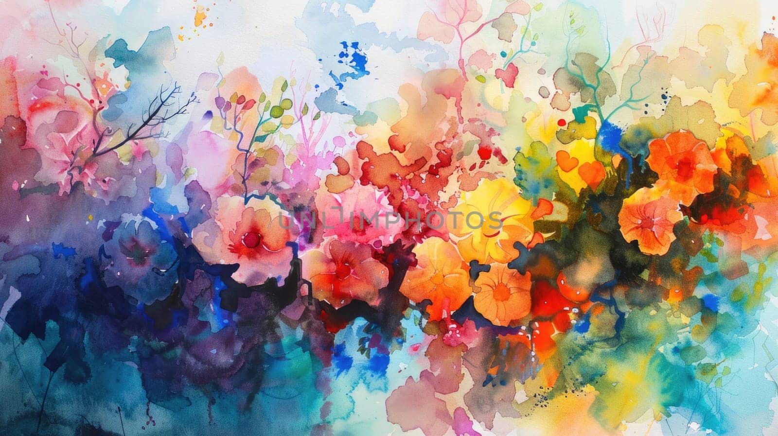 A closeup of a vibrant painting featuring colorful flowers on a white background, showcasing intricate details of petals in shades of pink, magenta, and other bright colors AIG50