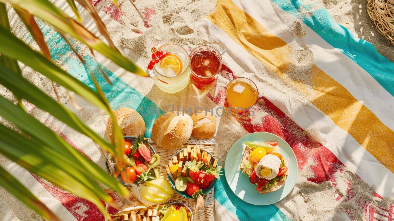 An electric blue picnic table adorned with plates of food and drinks, creating a visual art piece resembling a painted pattern drawing under a glass ceiling at a circle event AIG50