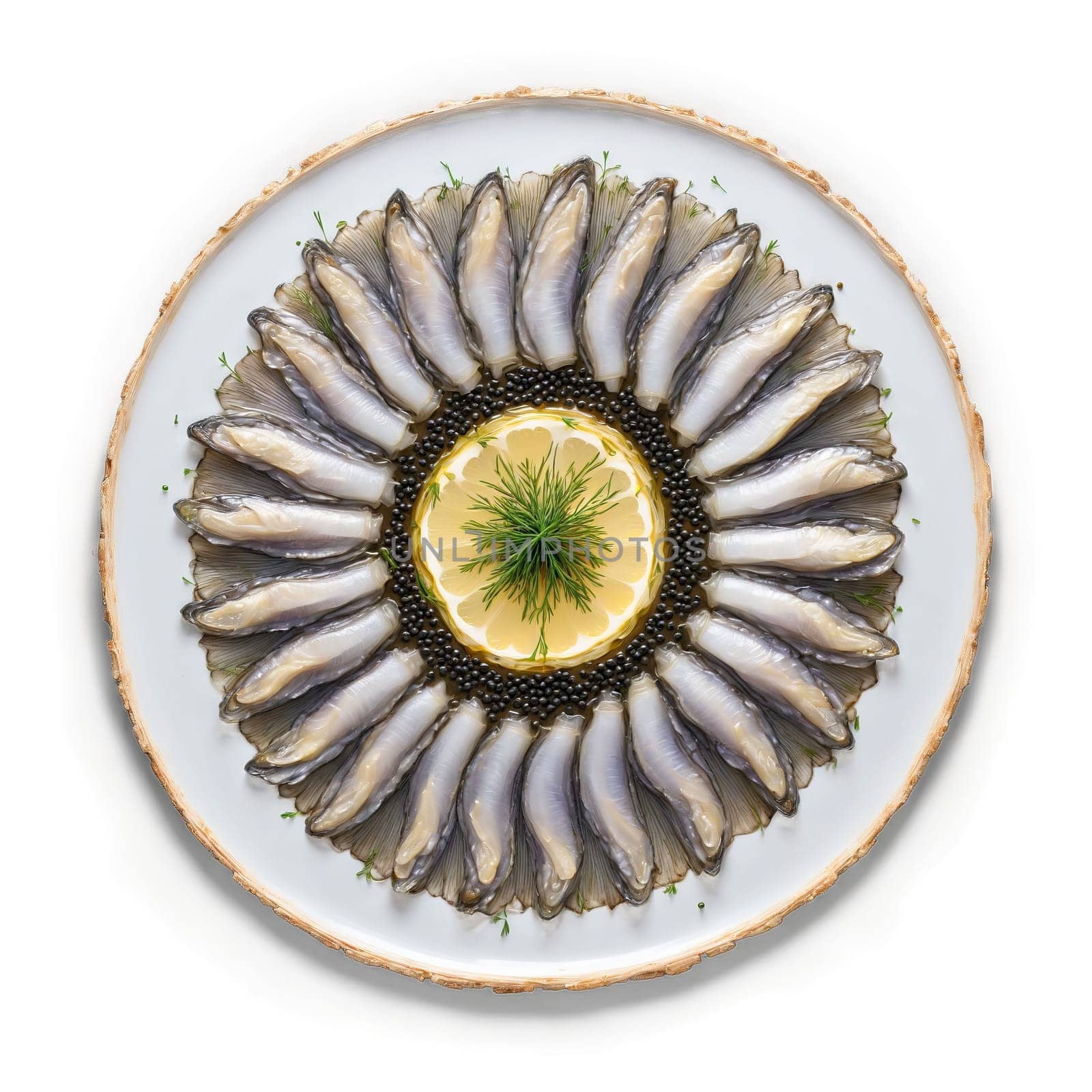 Dressed Herring Mandala tender herring fillets with onions and oil layered in a symmetrical radial by panophotograph