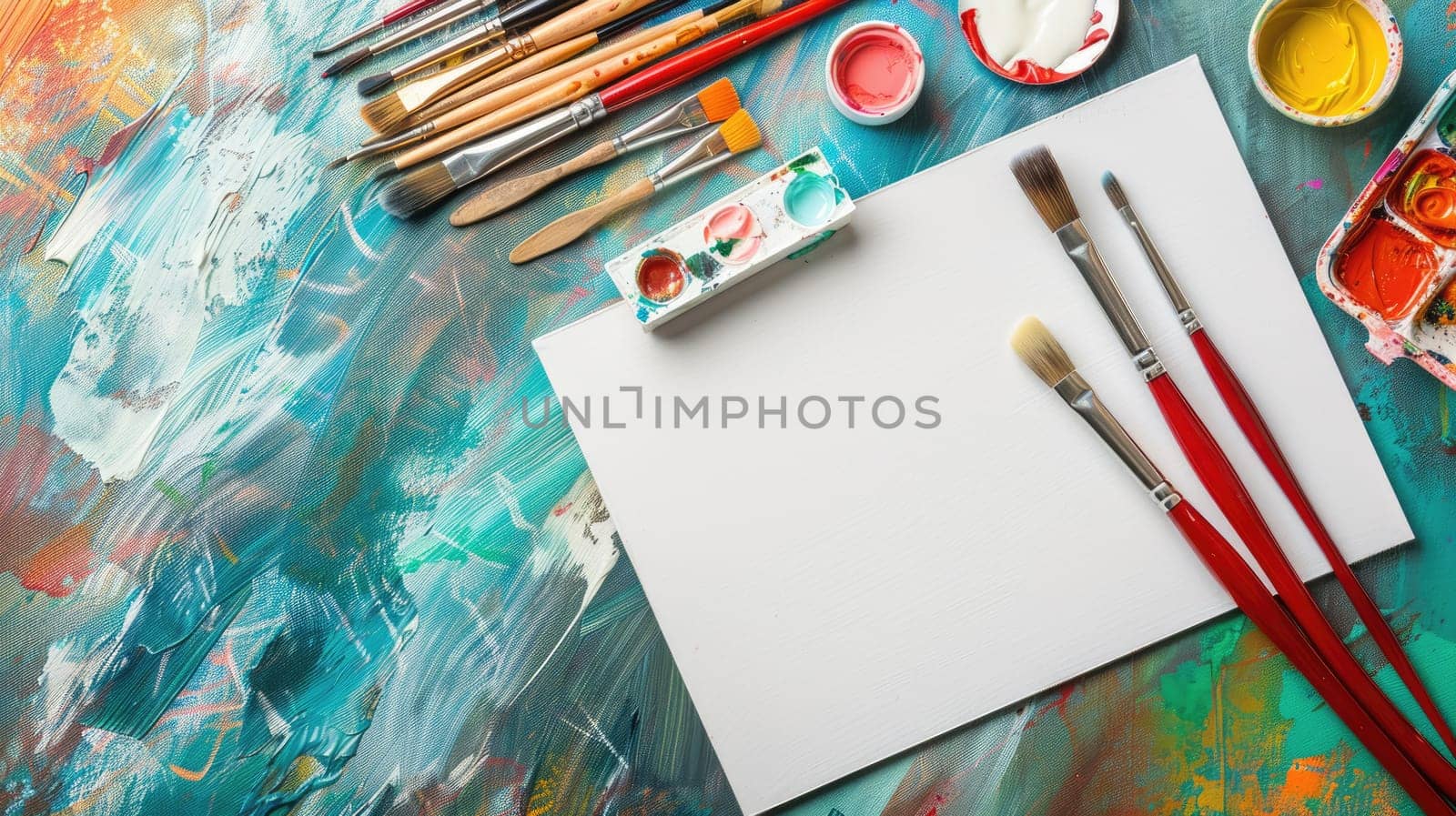 A closeup of an art event featuring a painting with brushes, orange paint, and a plant on a table, showcasing tints and shades in a beautiful pattern AIG50