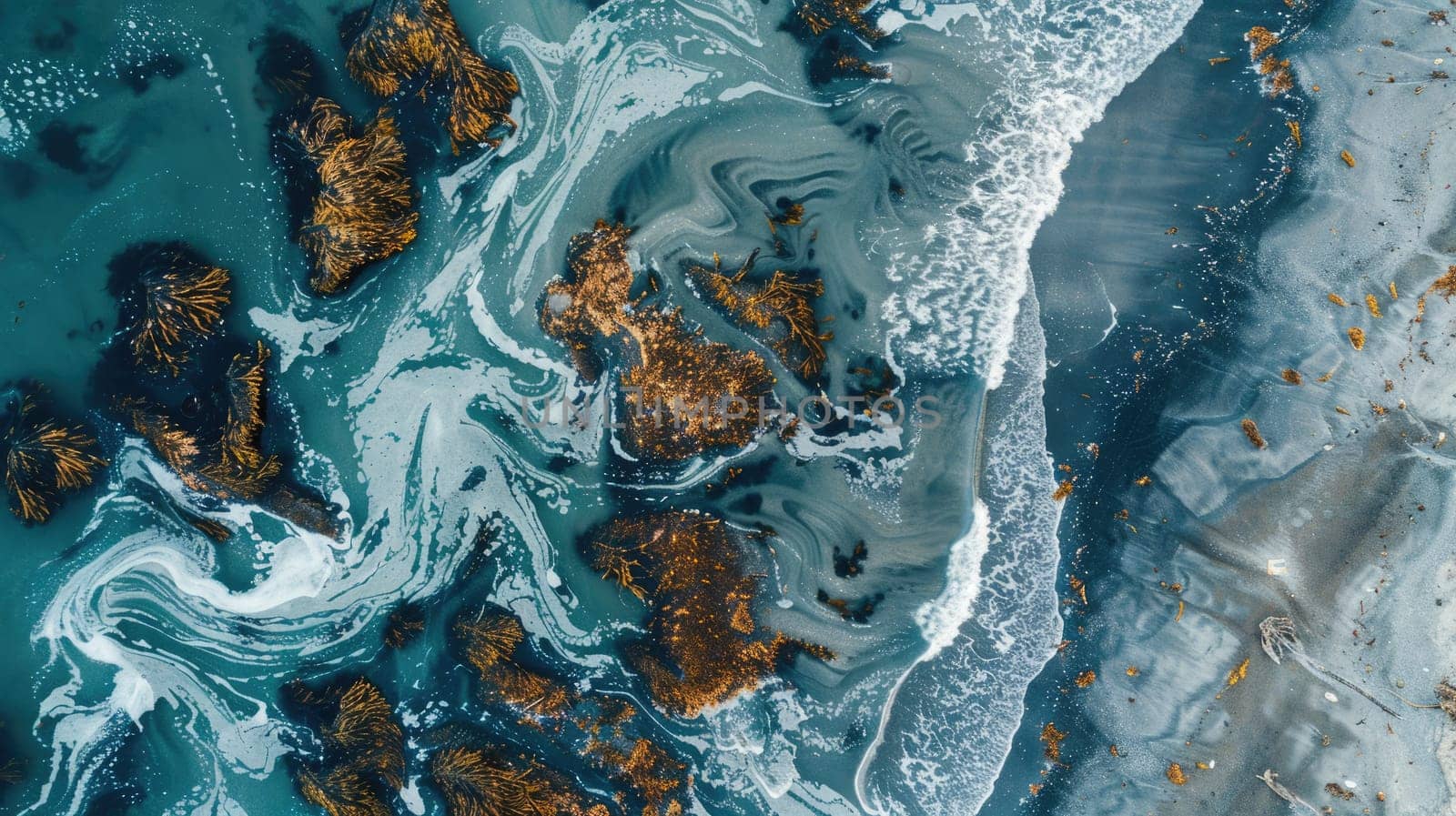 A breathtaking aerial view of waves crashing on a sandy beach, creating a beautiful water and rock landscape art in the world AIG50