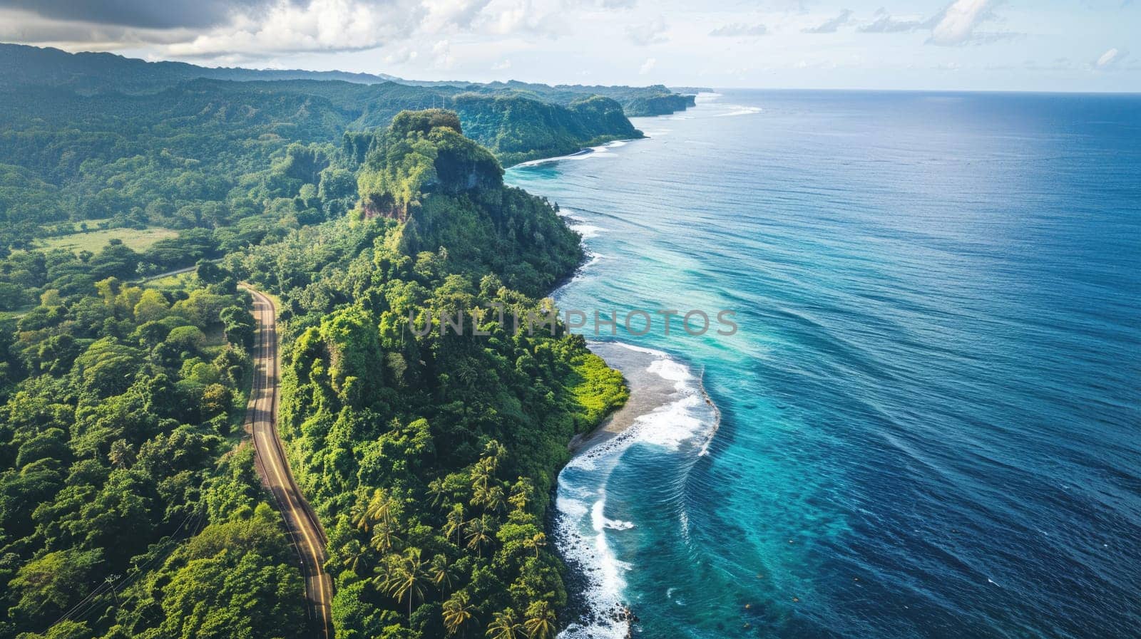 A breathtaking aerial view of a cliff above the ocean with stunning natural landscape, water merging with the sky, and terrestrial plants lining the beach AIG50