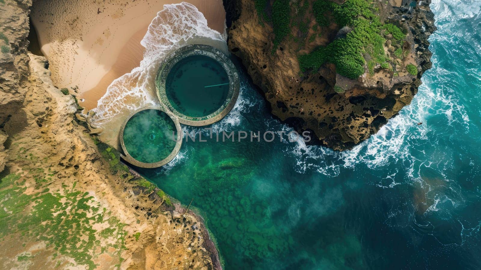A breathtaking aerial view of a water body encircled by rocks, with green grass and trees creating a stunning natural landscape resembling a painting AIG50