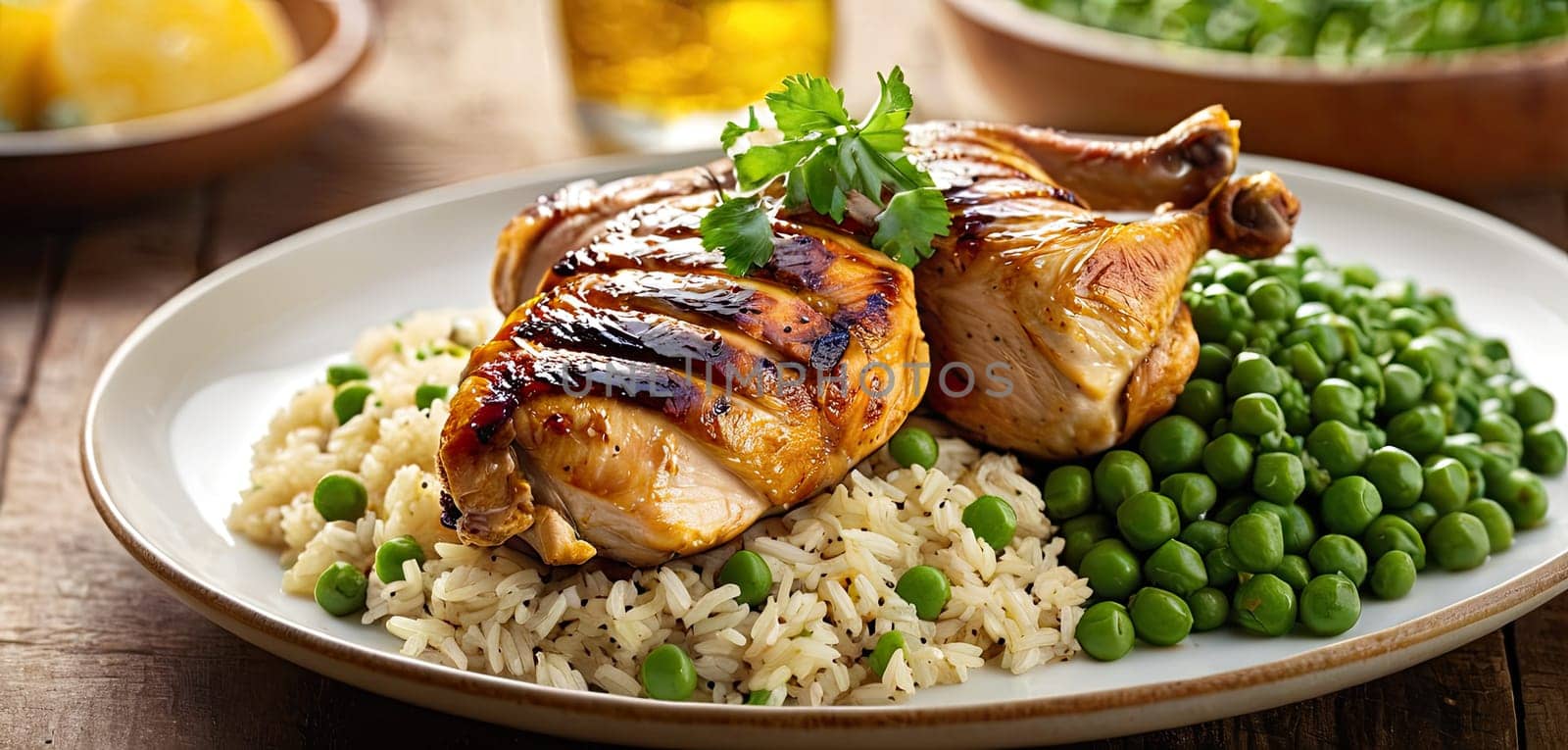 Grilled chicken, with rice and green peas served on plate, wooden rustic table background. Close-up view, grilled chicken thigh with grill marks, surrounded by rice and green peas in blue dish