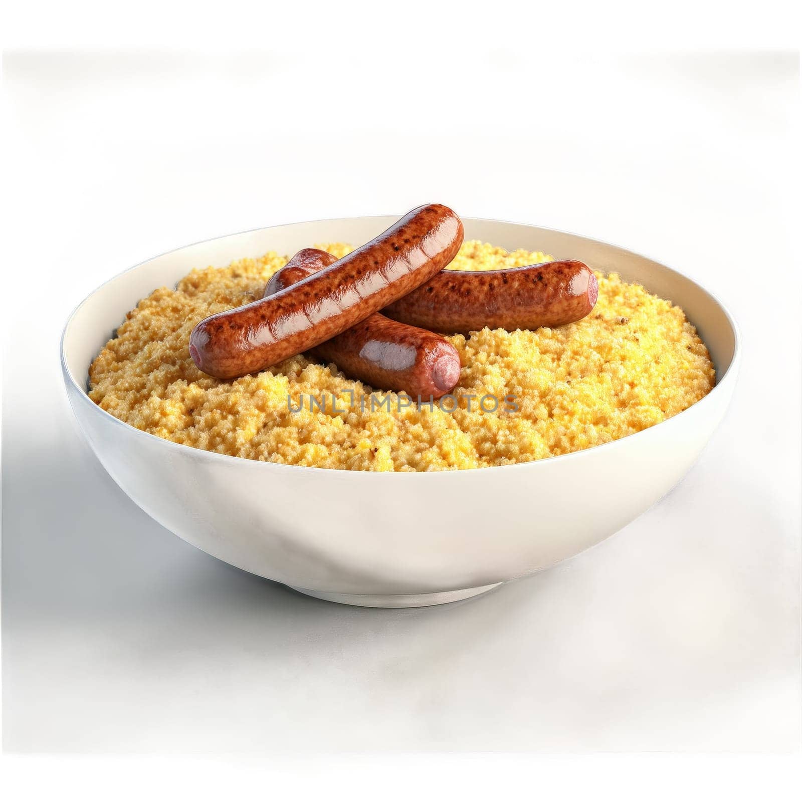 Sausage and grits hearty scoop in glass bowl sausage crumbles tumbling Food and Culinary concept by panophotograph