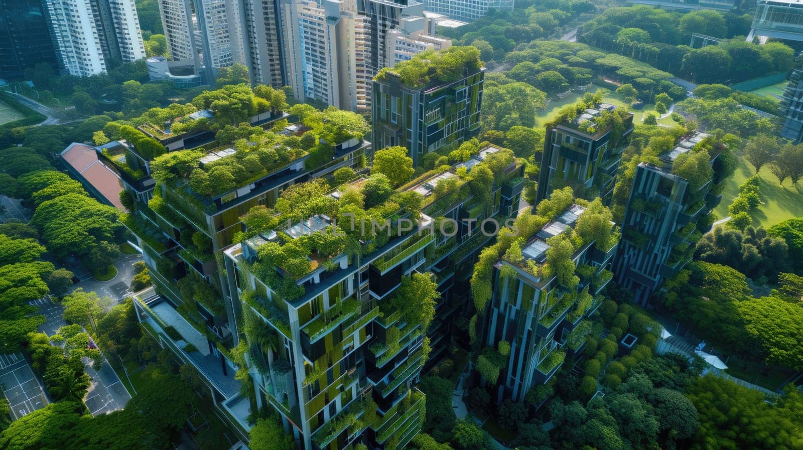 An urban design featuring buildings with rooftop gardens, showcasing a green cityscape. The skyline blends with the natural landscape, as clouds drift across the sky above AIG41