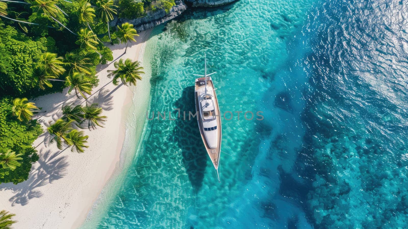 A boat navigating the azure waters near a coastal beach, surrounded by natural landscapes and oceanic landforms. Trees and vehicles visible on the shoreline AIG50
