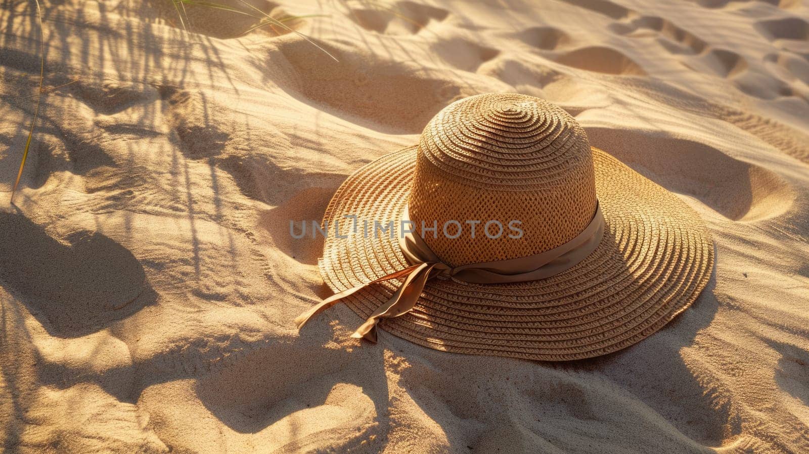 A straw hat rests on a sandy beach, blending in with the natural landscape composed of soil, wood, and aeolian landforms. Terrestrial animals and wildlife may be seen in this macro photography scene AIG50