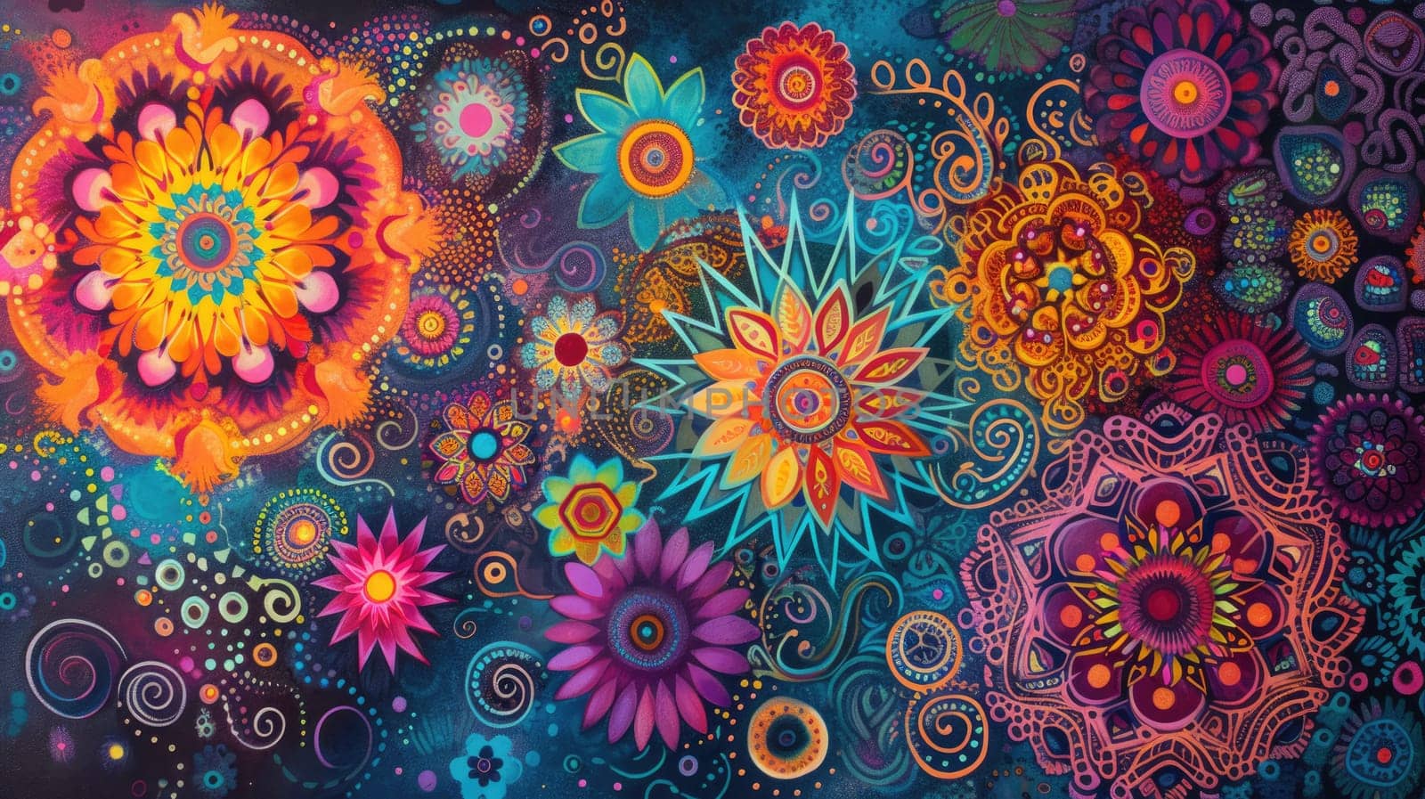 Close up of a colorful floral pattern painting of mandala comprised of various flowers, leaves, and botanical elements while using a vibrant color palette including shades of red and black. AIG42.