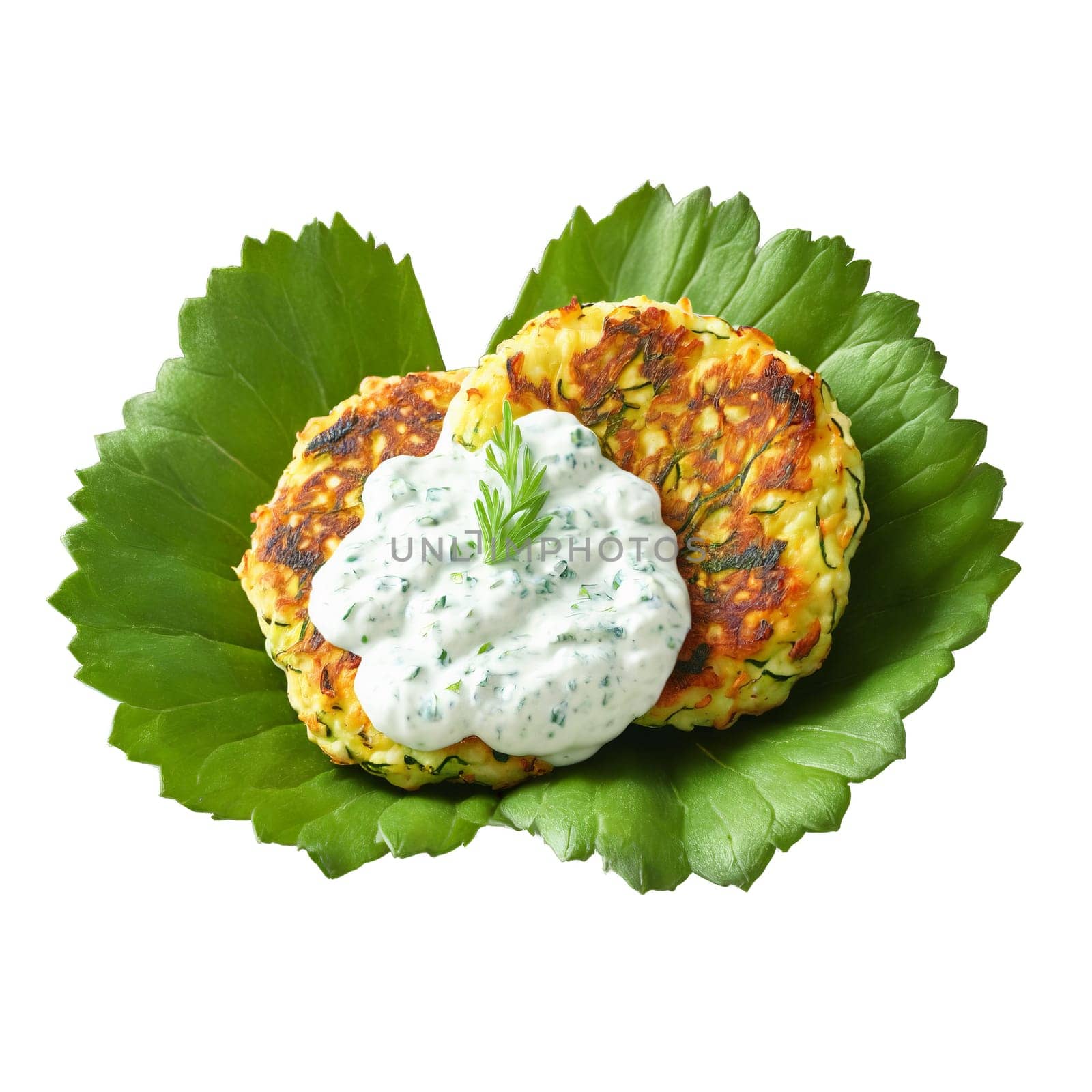 Grilled zucchini and feta fritters with a dollop of tzatziki sauce Summer food concept Final by panophotograph