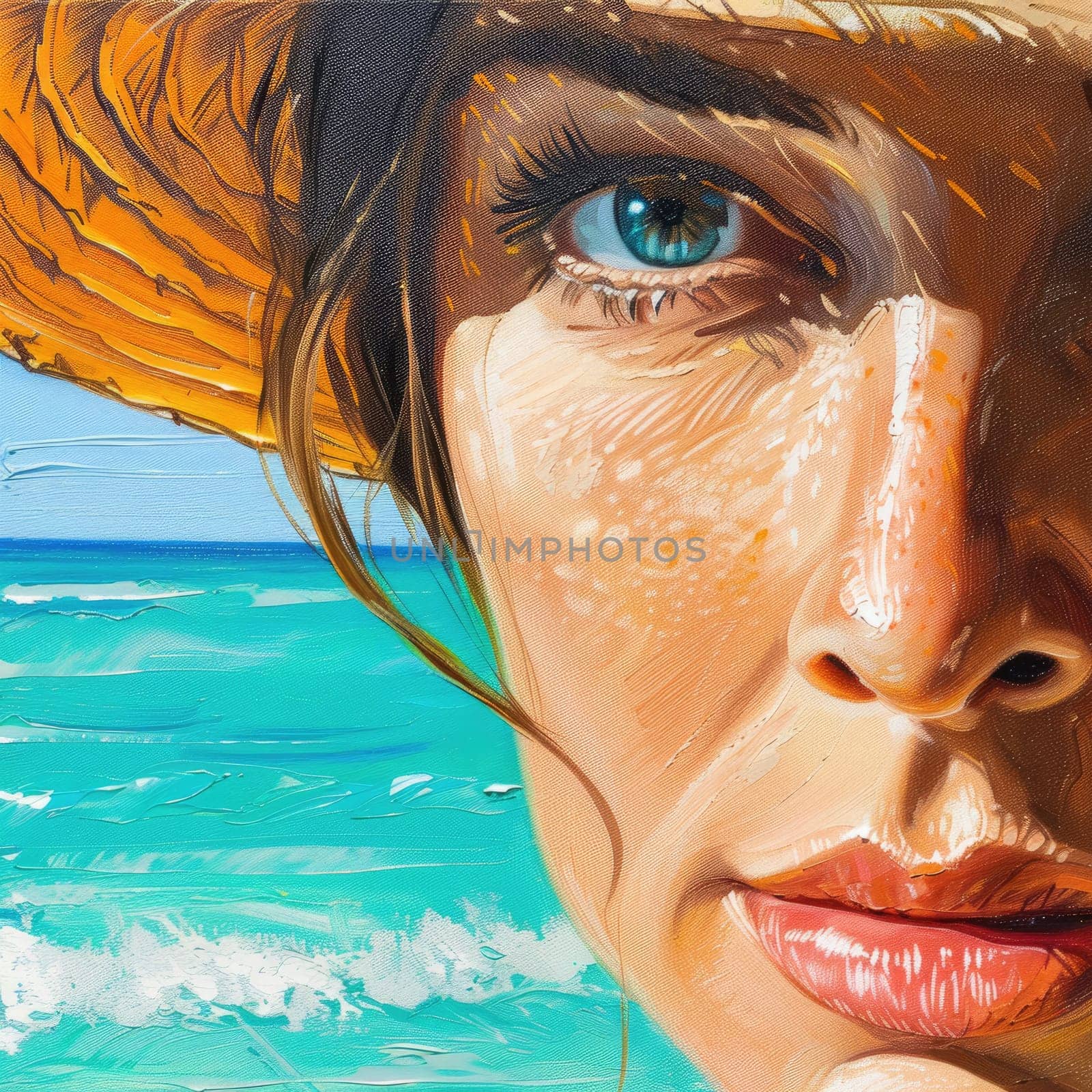 A close up of a womans face with a straw hat, showcasing her nose, cheek, skin, lip, chin, eyebrow, mouth, facial expression, eyelash, and lipstick AIG50