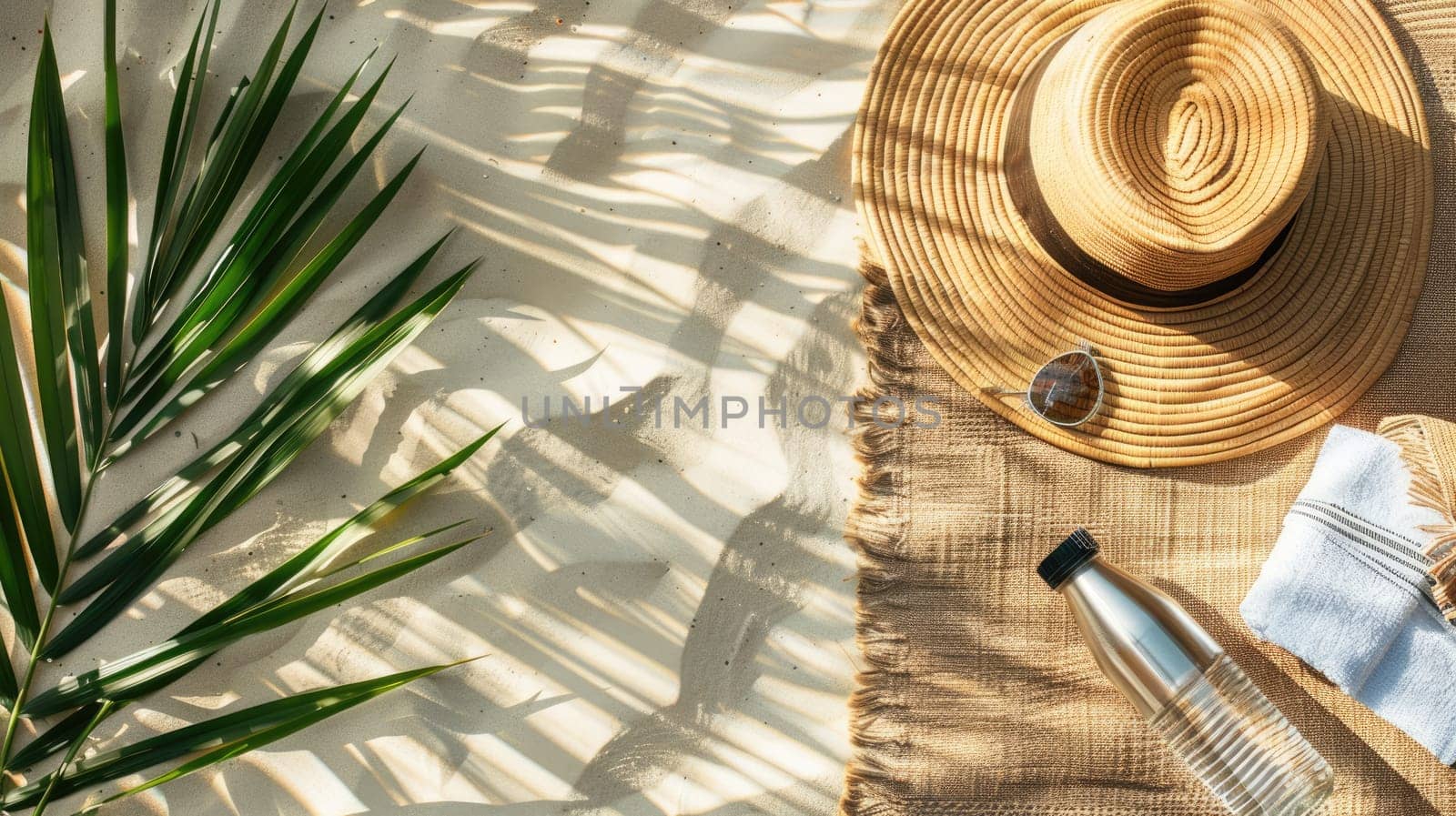 A wooden table adorned with a hat, water bottle, starfish, palm leaves, and shells, creating a natural and botanical design inspired by plant life and nature AIG50