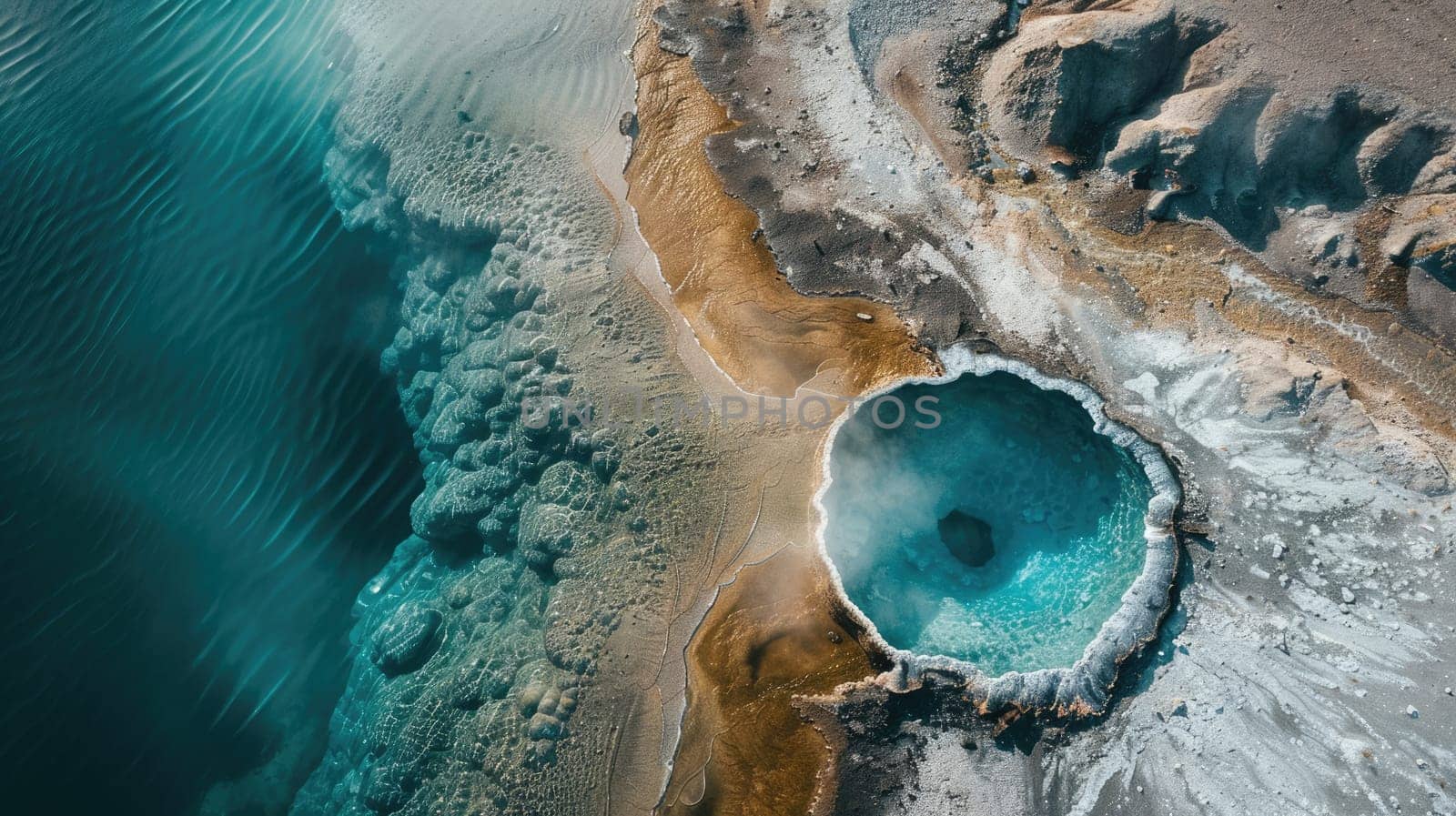 A breathtaking aerial view of a water body encircled by rocks, with green grass and trees creating a stunning natural landscape resembling a painting AIG50