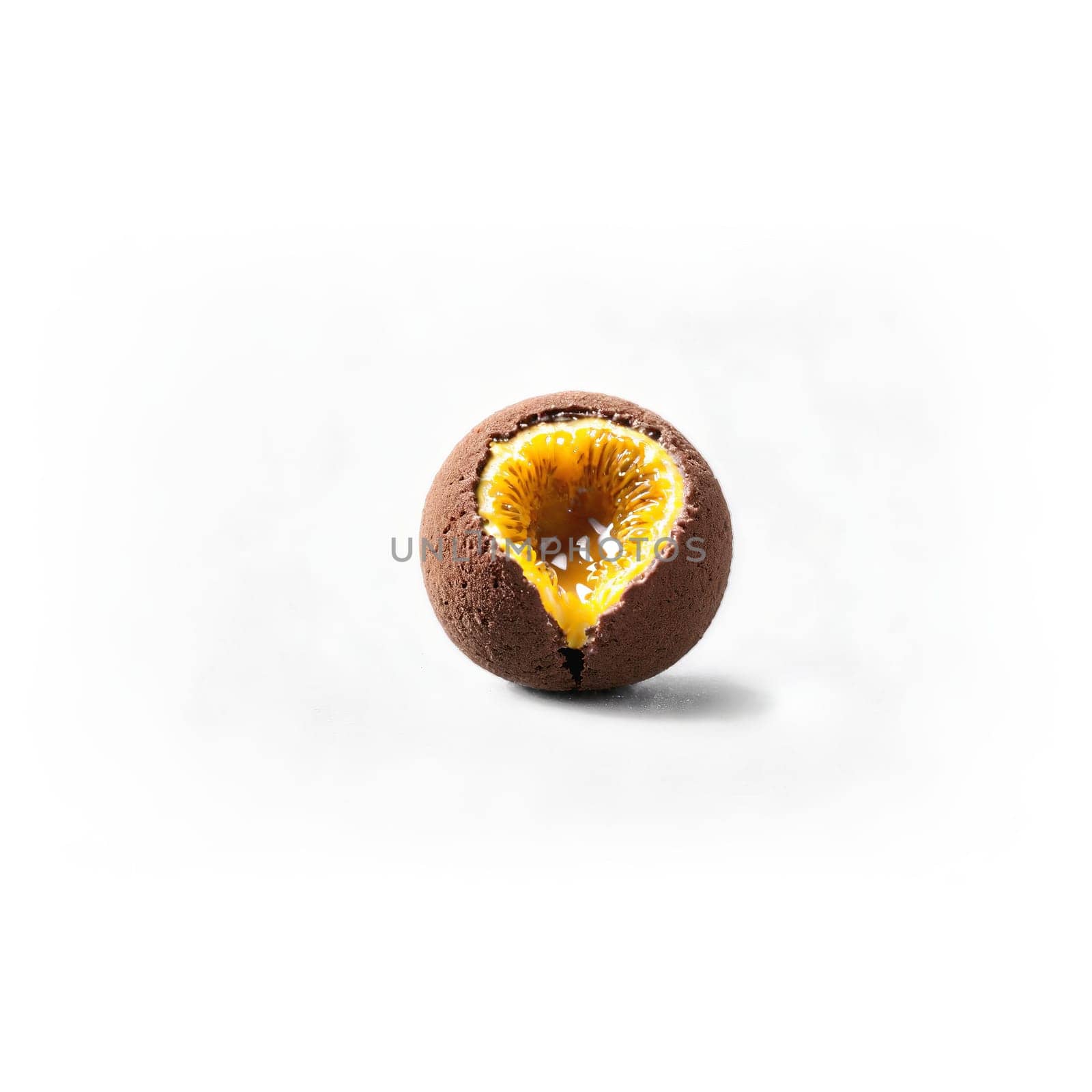 Passion fruit caramel truffles dusted with cocoa powder split open to reveal a gooey tropical by panophotograph