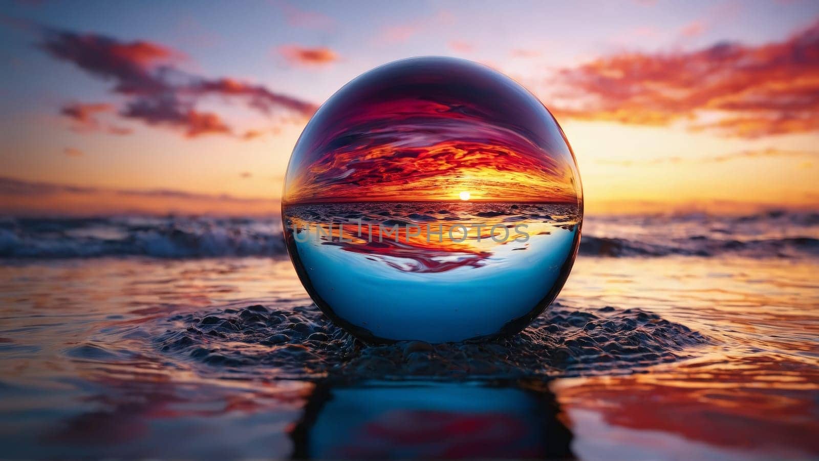 Merlot sphere submerging in tranquil marine mirror smoldering sunset clouds artfully minimalistic marketing pic Abstract background by panophotograph