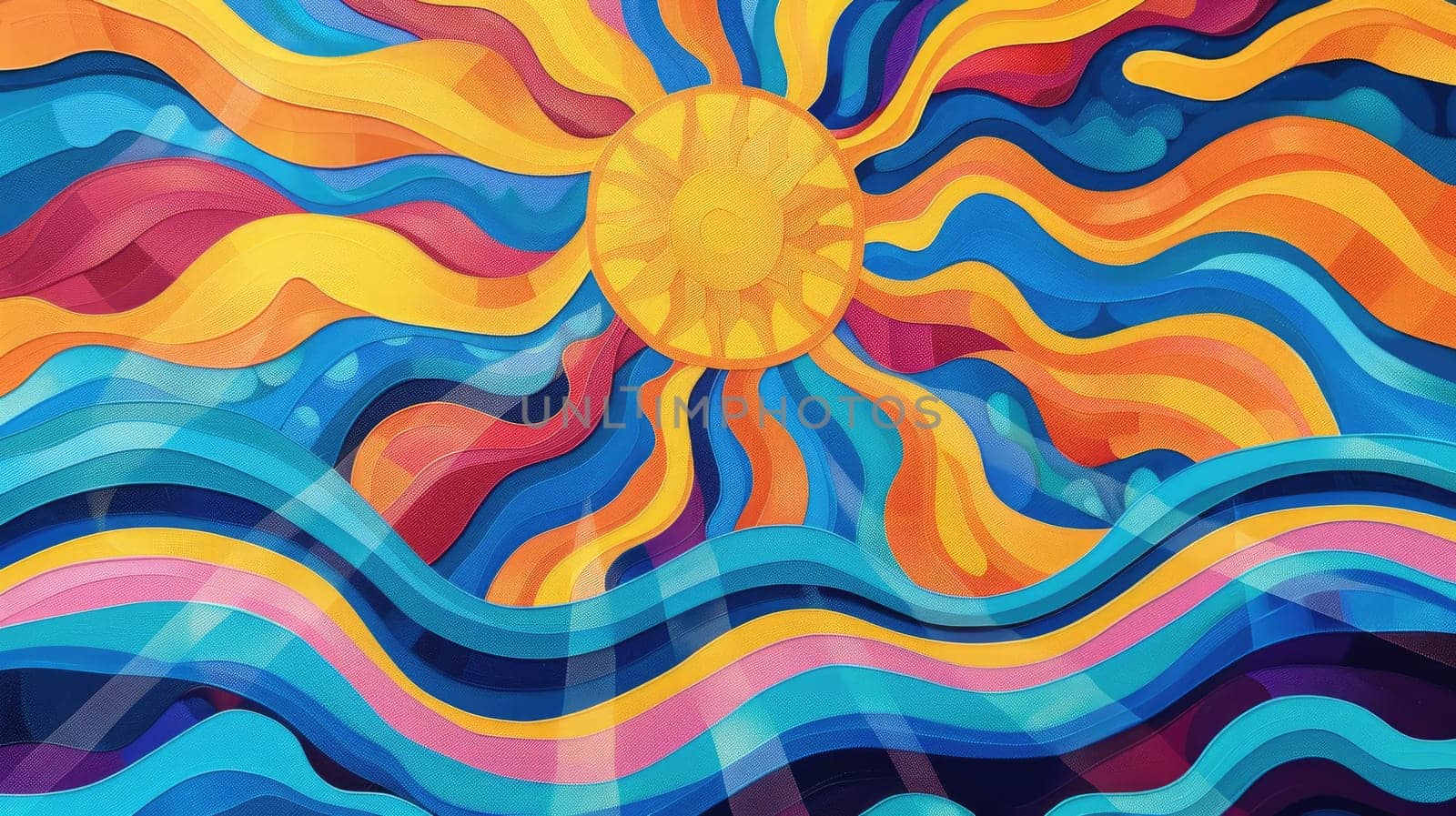 A detailed image capturing the vibrant colors of a rainbow reflecting off a body of water, with patterns resembling wind waves and clouds, depicted in a painting with electric blue hues AIG50