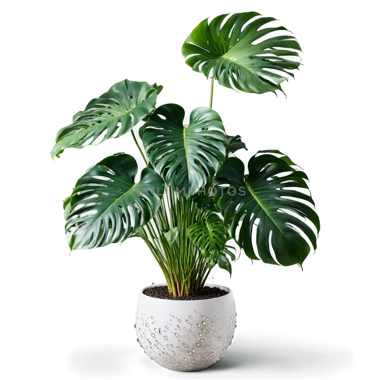Monstera Deliciosa large green split leaves unfurling from a hovering woven planter with a misty by panophotograph