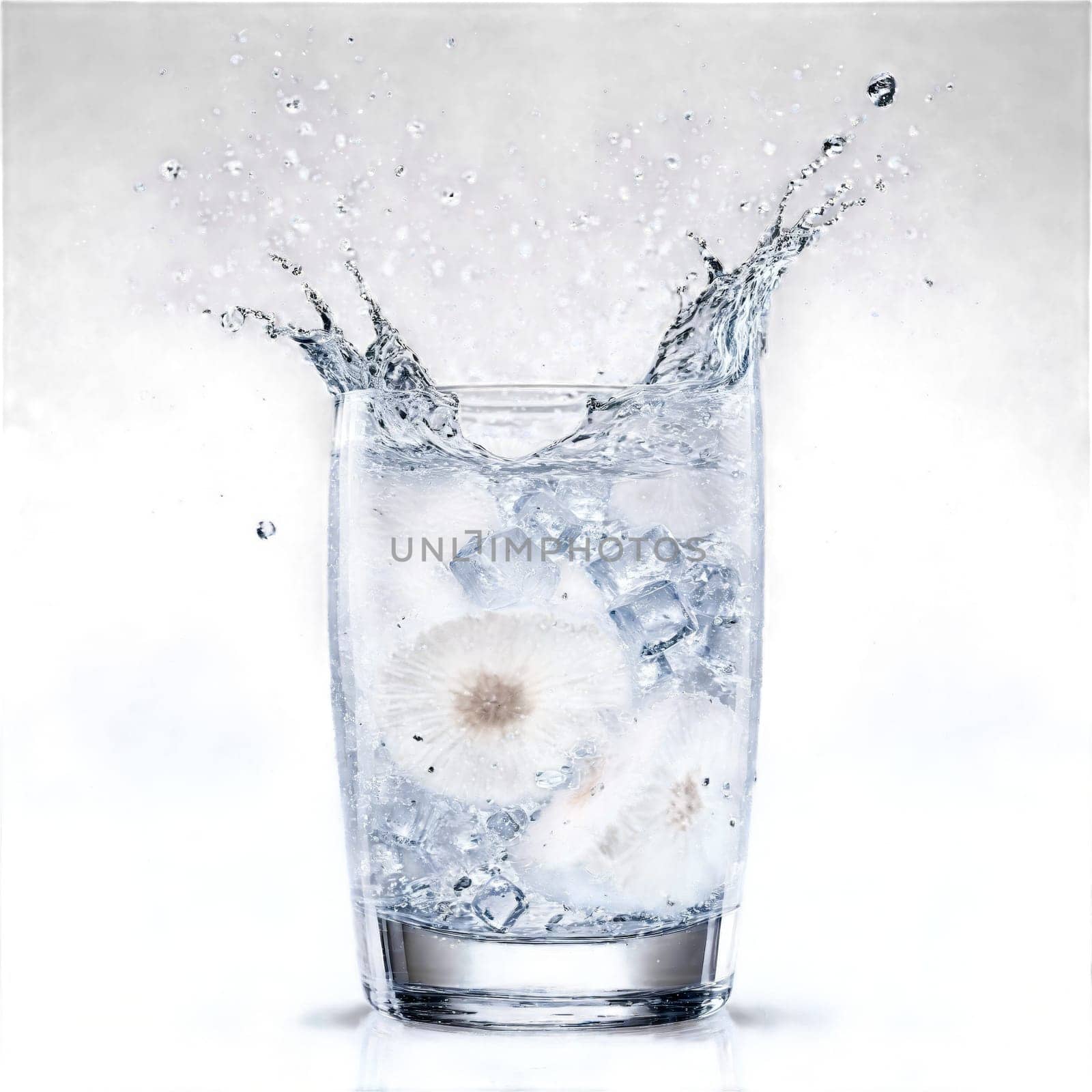 Coconut water with chunks of coconut meat and ice cubes spinning in a glass with by panophotograph