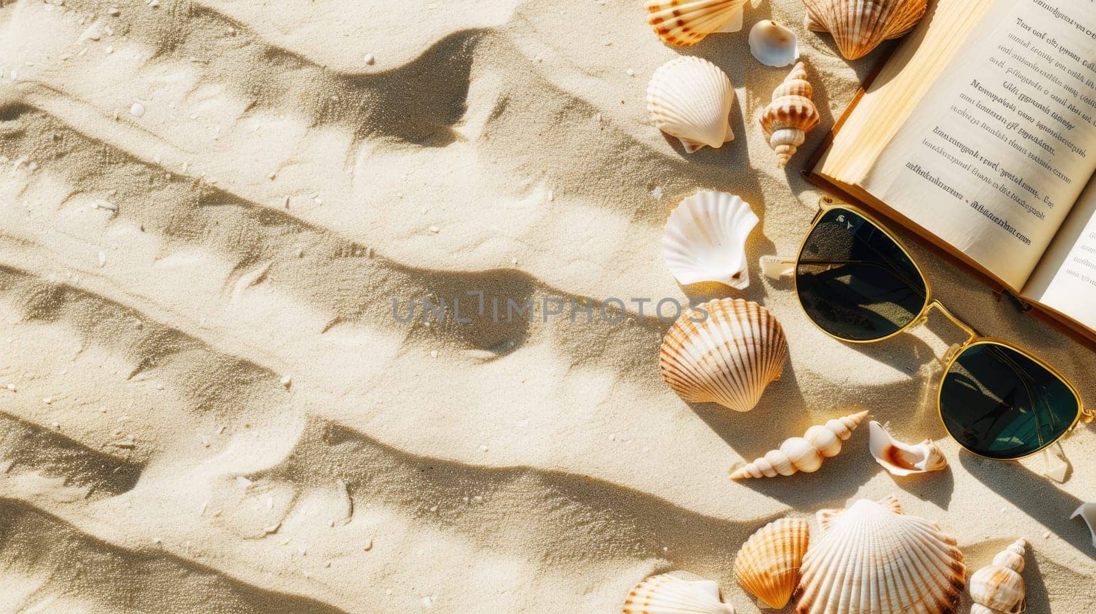 Art meets nature with a display of seashells, a hat, and sunglasses on the beach. The glass, pattern, and fashion accessory create a picturesque event AIG50