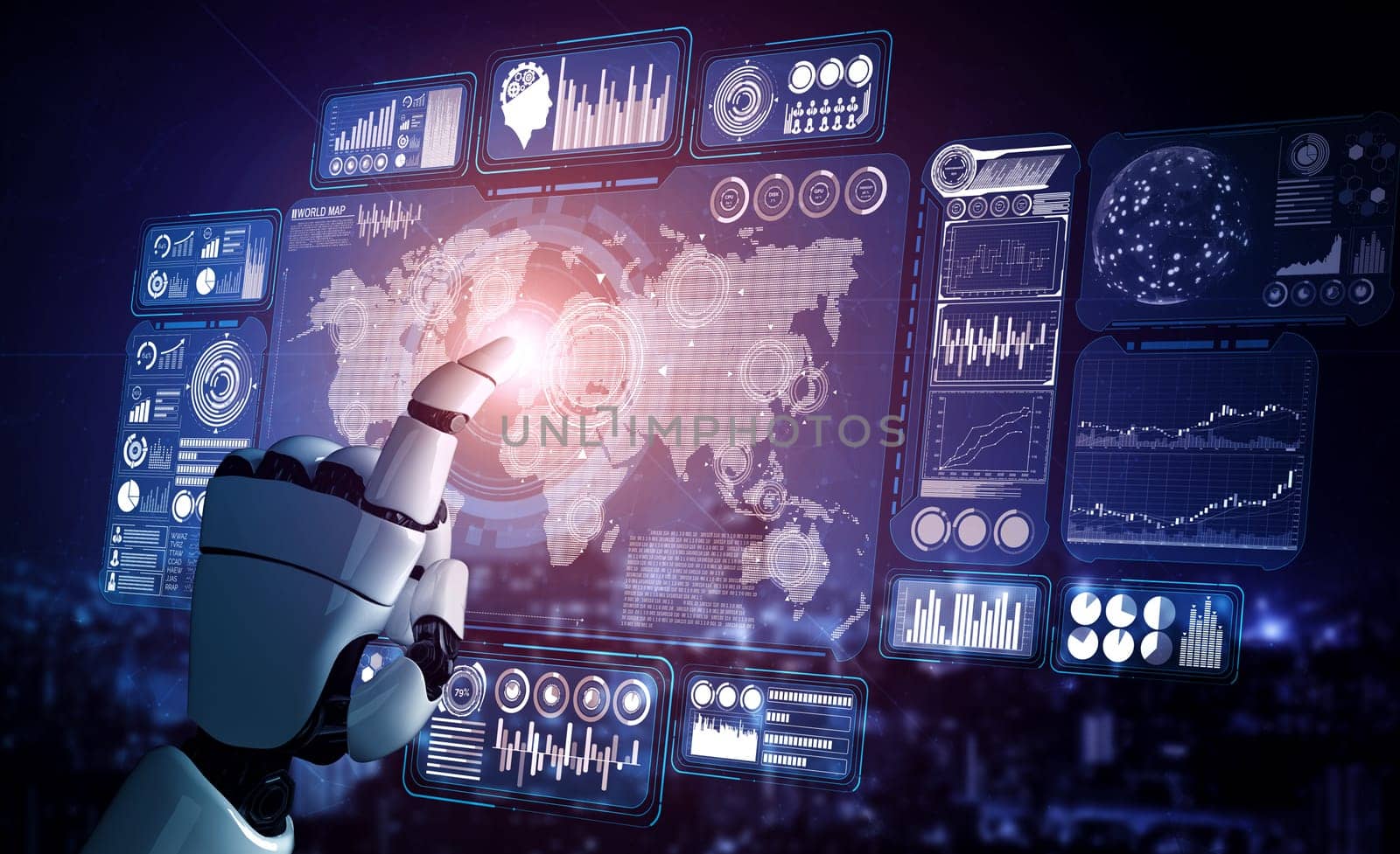 MLP 3D rendering artificial intelligence AI research of robot and cyborg development for future of people living. Digital data mining and machine learning technology design for computer brain.