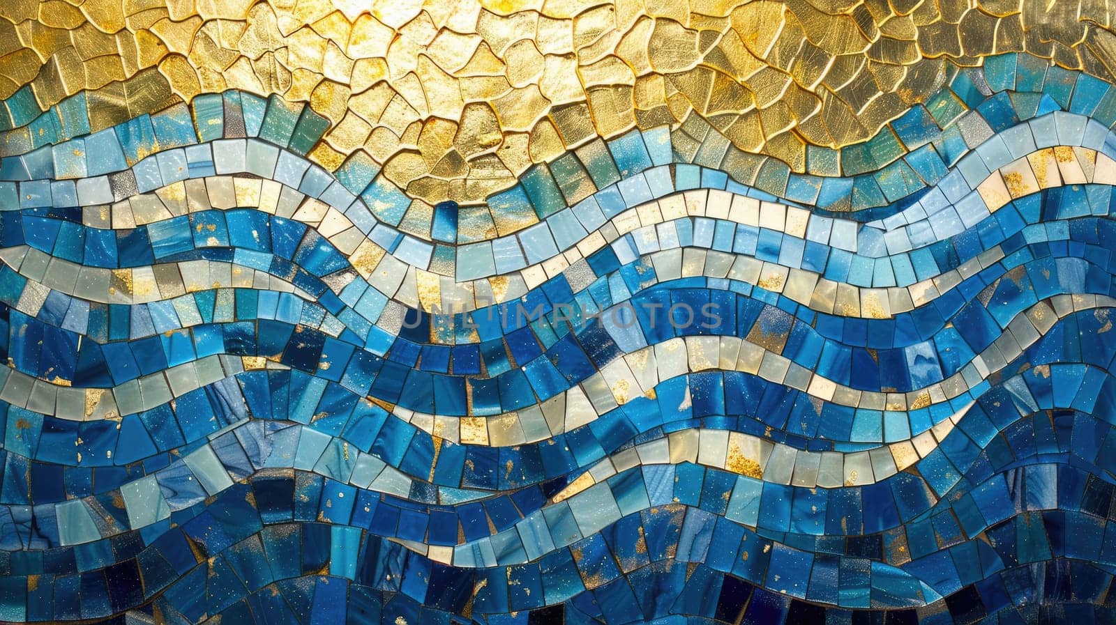 An artistic representation of azure and gold waves in the ocean, inspired by the natural landscape of an Ecoregion with mountainous landforms AIG50