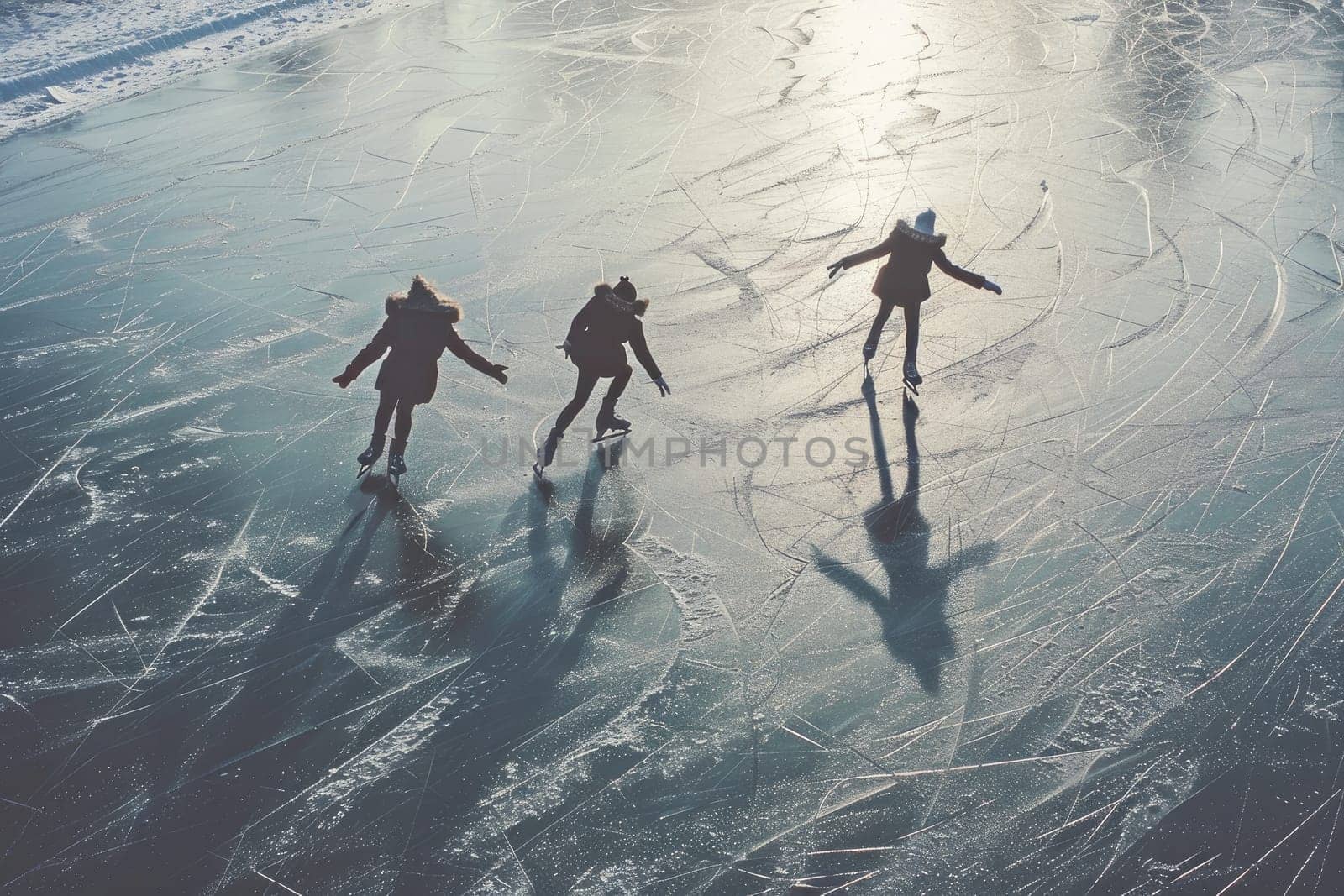 Ice skaters gliding gracefully on a frozen lake, capturing the beauty and precision