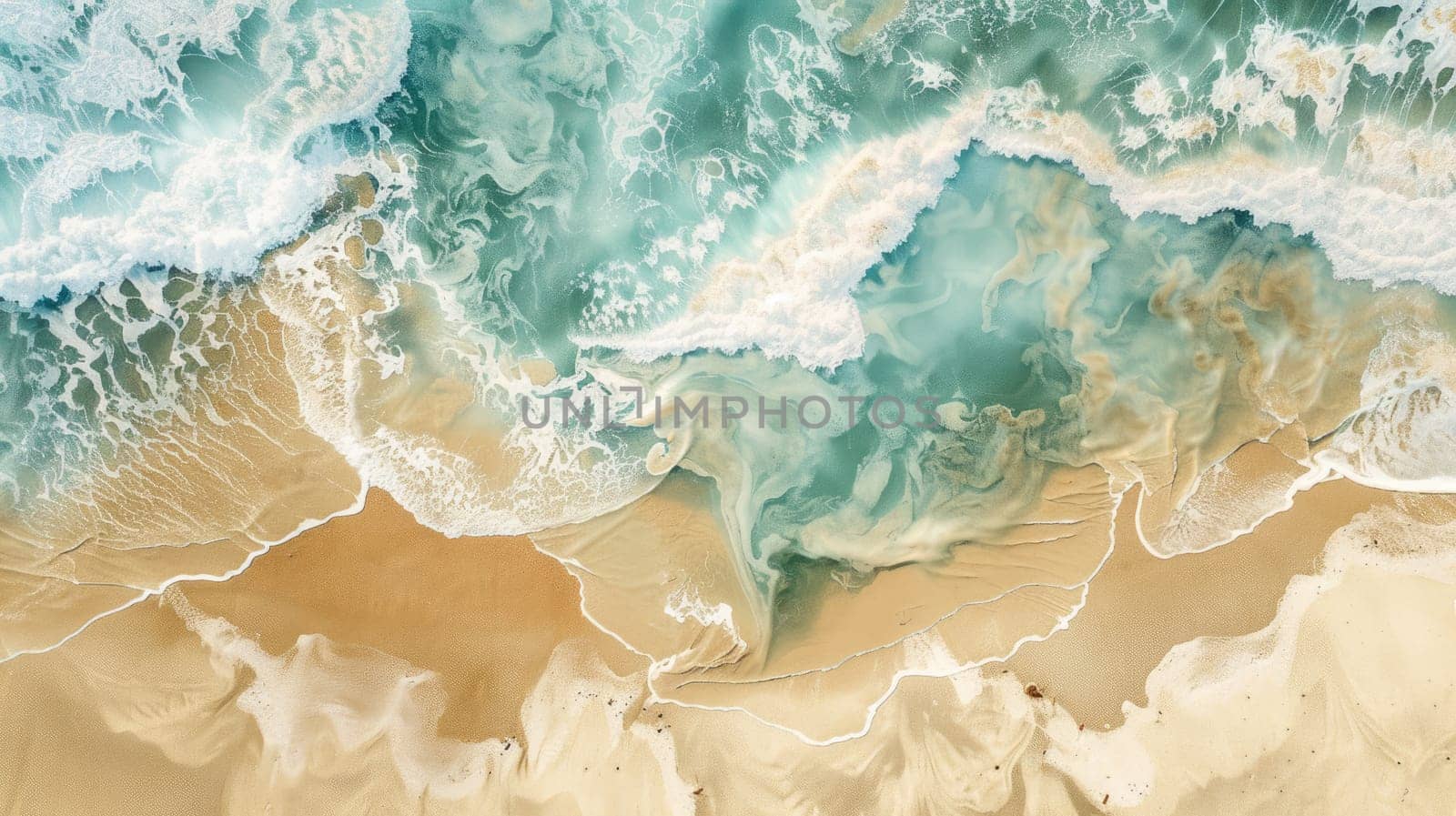 Azure water in fluid motion, wind waves form a mesmerizing pattern as they crash onto the sandy beach, creating a natural art display AIG50