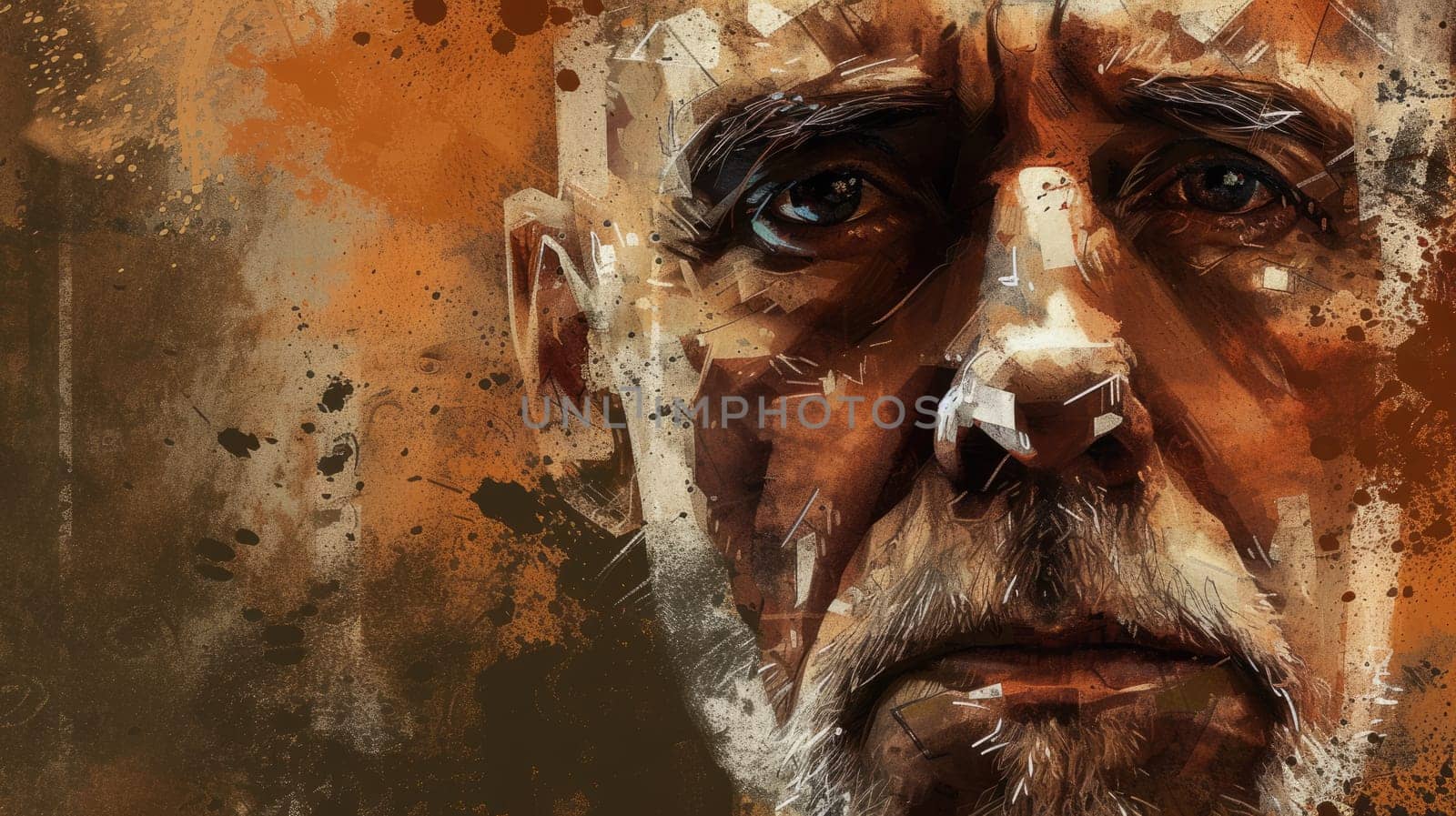 A portrait of creative realistic painting of old middle aged man with wrinkled face and was painted with brown brush. Represent emotional of upset, sorrow, unhappy. Modern impressionist art. AIG42.