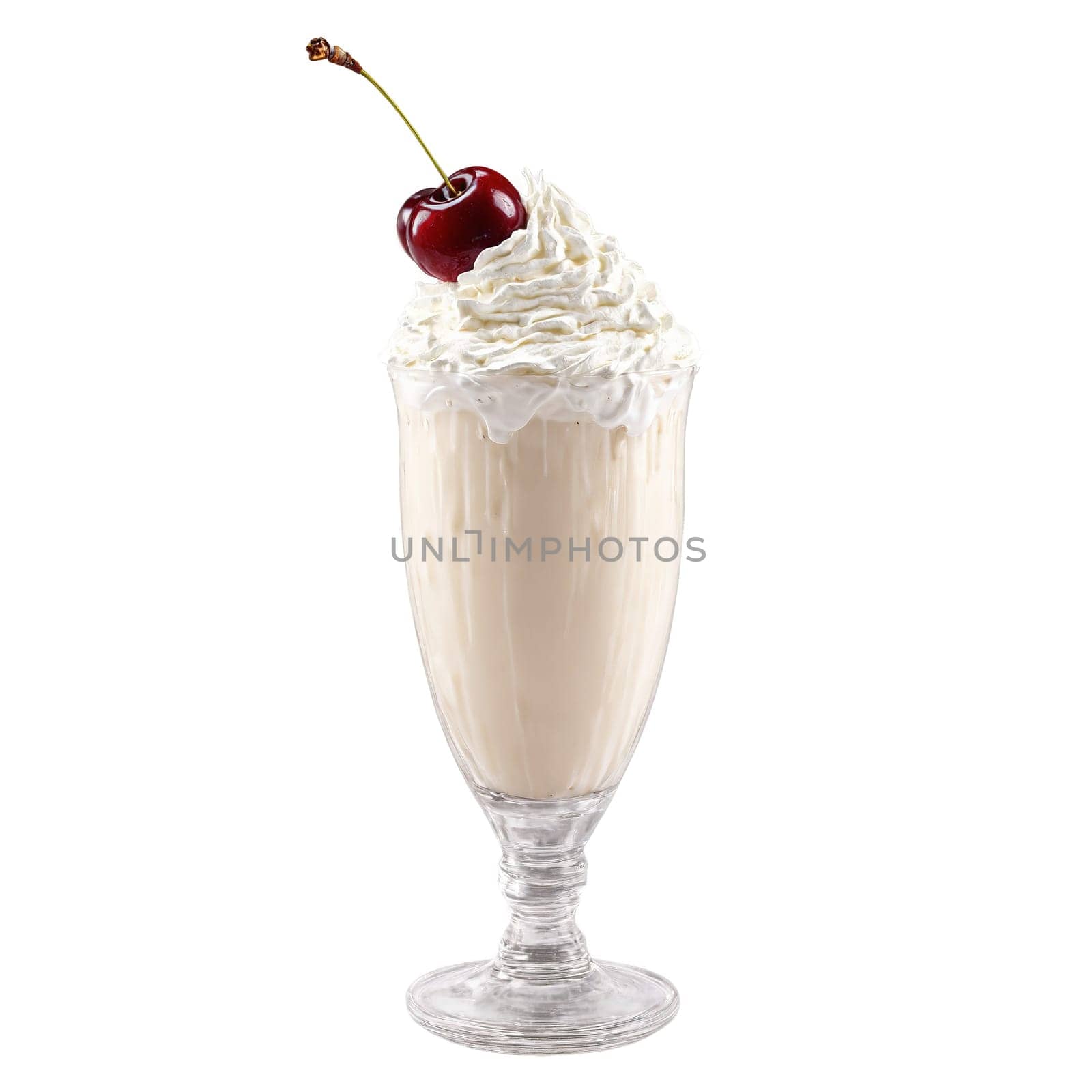 Milkshake with whipped cream and cherry on top splashing and swirling Food and culinary concept by panophotograph