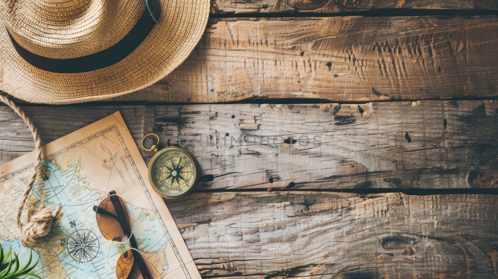 A stylish display of a hat, compass, sunglasses, and a map on a wooden table. The wood adds an artistic touch to this collection of travel essentials AIG50