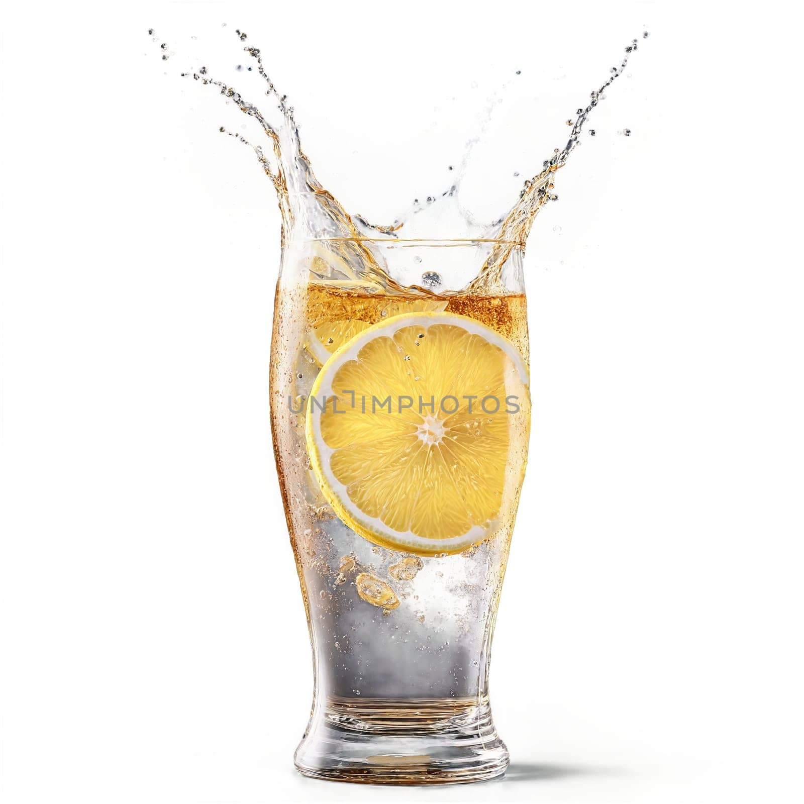 Cola with ice cubes lemon slices and bubbles in motion inside a glass with liquid by panophotograph