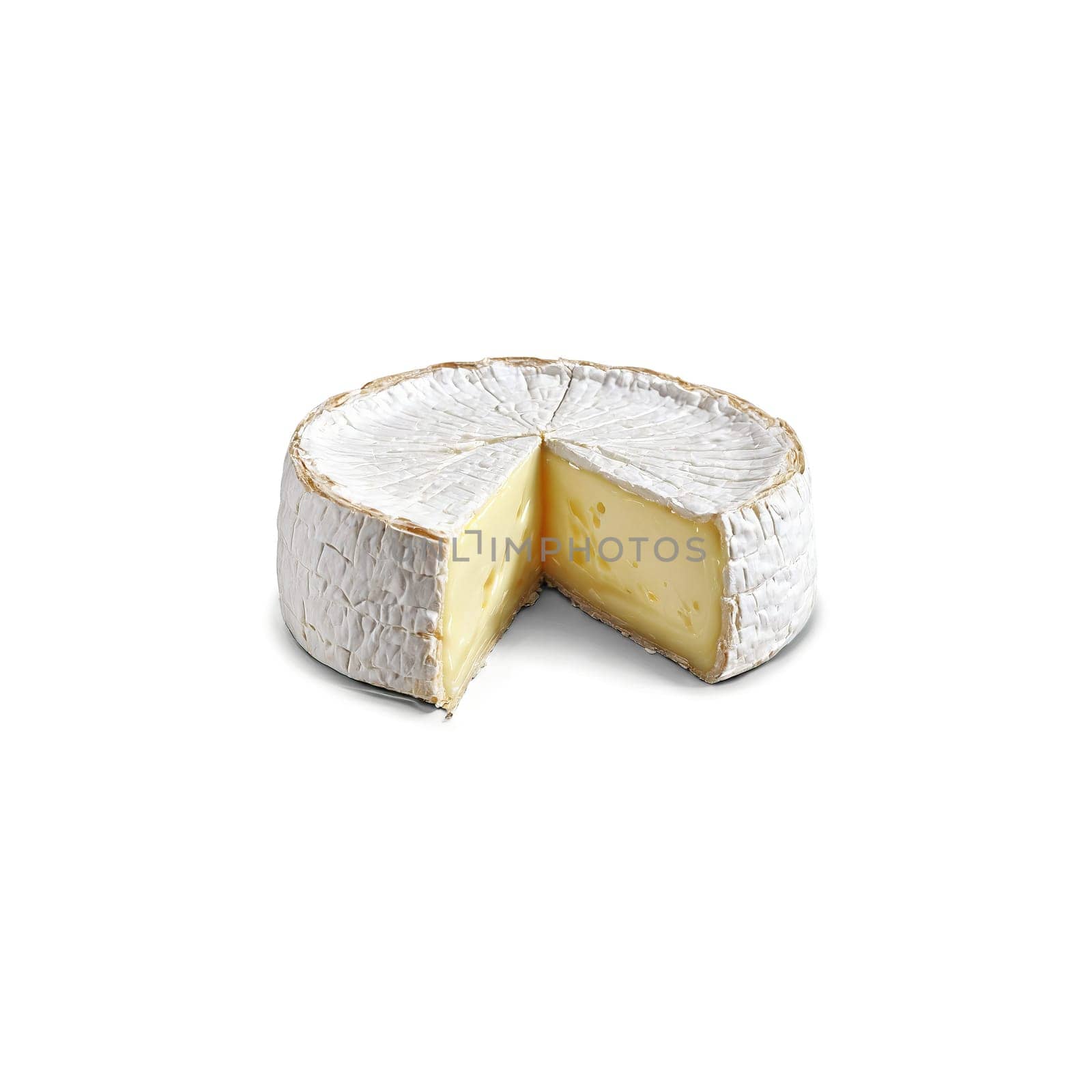 Camembert cheese wheel with cut wedge and gooey center oozing out Food and culinary concept by panophotograph
