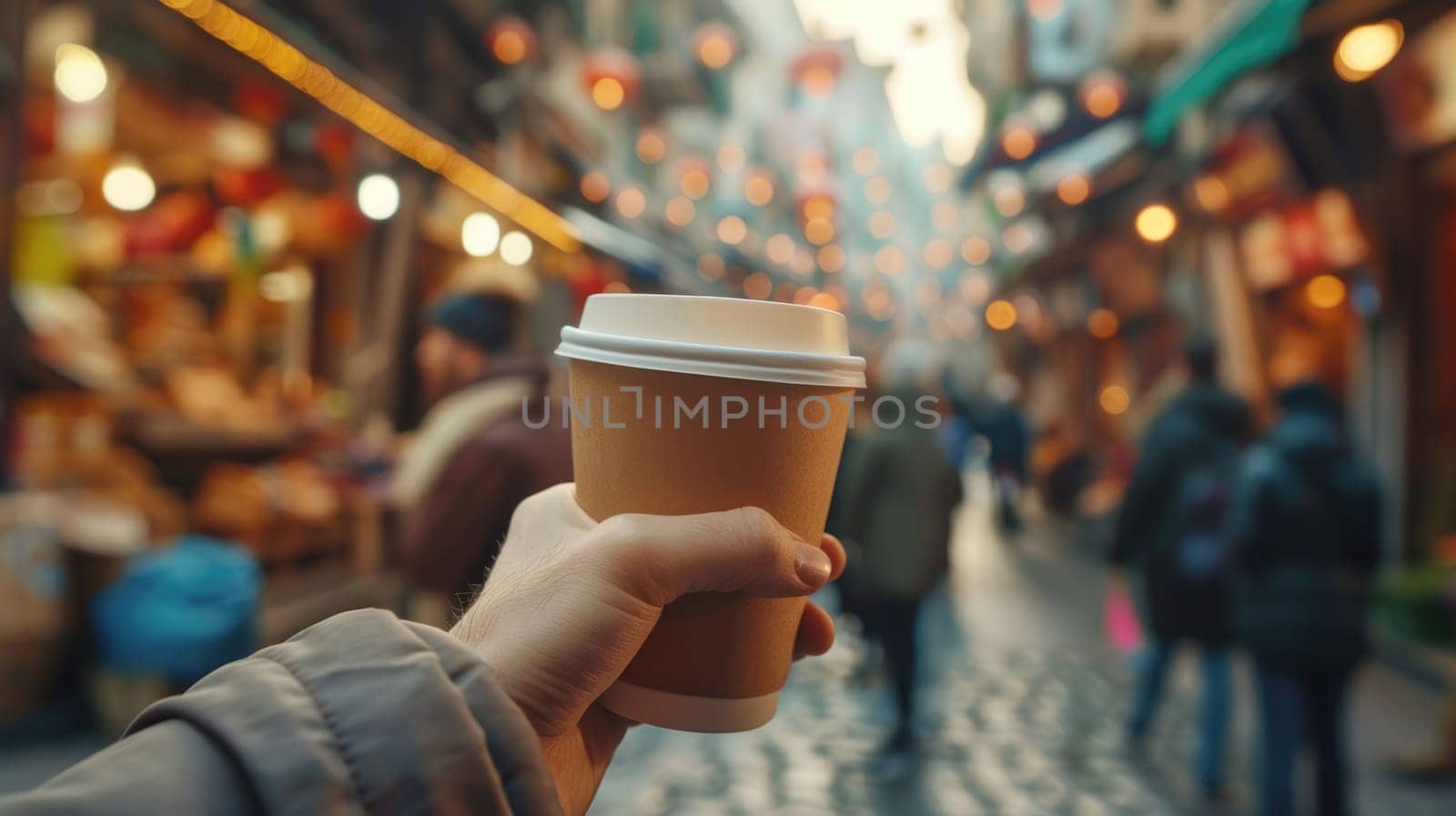 The close up picture of the person is holding the cup of the coffee by their own hand and walking on a street for relaxation also surrounded by building in city with people on blur background. AIG43.