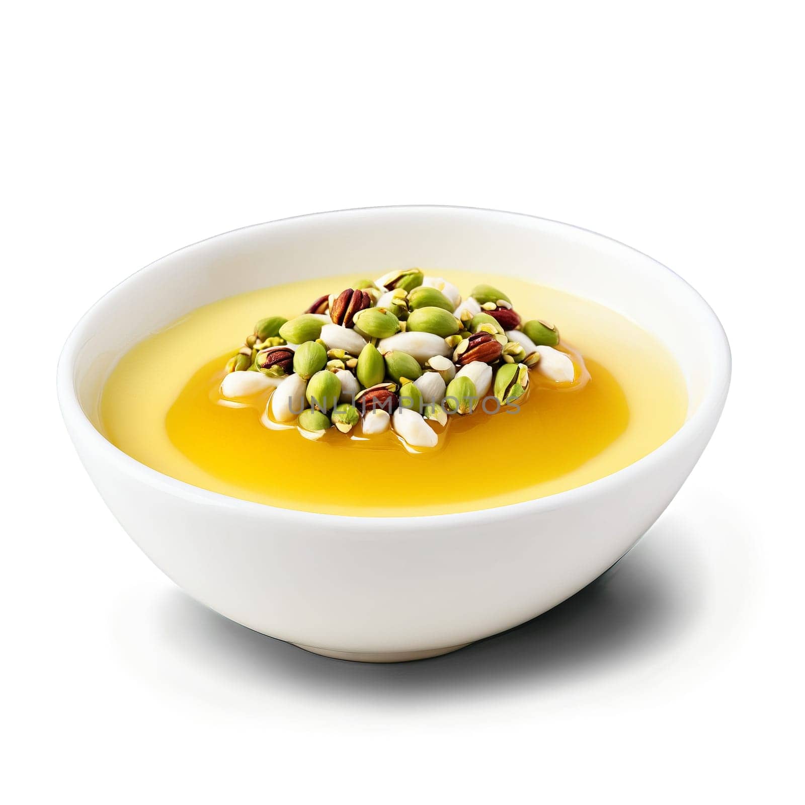 Kaymak in a small ceramic bowl drizzled with wildflower honey and sprinkled with chopped pistachios by panophotograph
