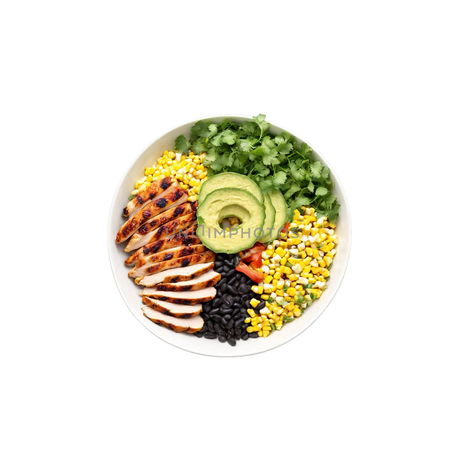 Southwest chicken salad elements above prepared bowl blackened chicken corn and black beans drifting regally by panophotograph