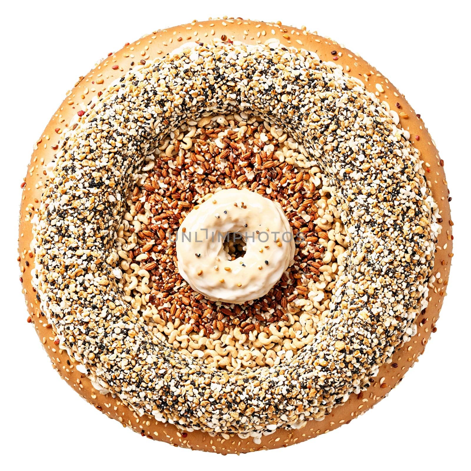 Everything bagel nut mix mandala hovering nuts with everything bagel seasoning Food and culinary concept by panophotograph
