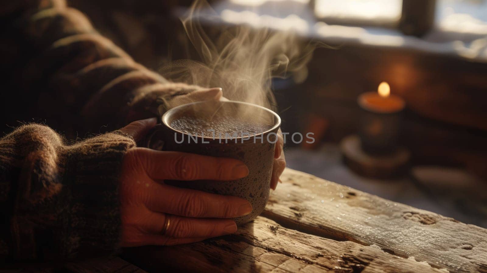 The close up picture of the person is holding the cup of the coffee by their own hand that has been rest on the table made from wood in the cozy warm feel inside the room for the relaxation. AIG43.