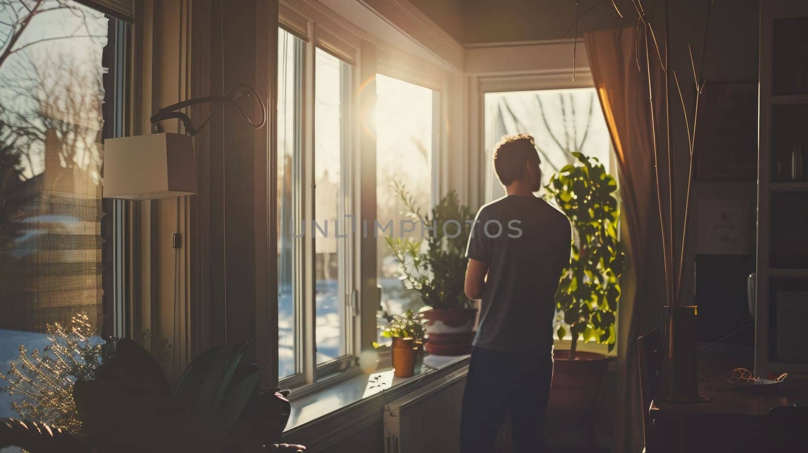The picture of the person is engaging in cleaning and care the plant pot at the window that shine with light from the sun of the springtime, the cleaning require cleaning technique and stamina. AIG43.