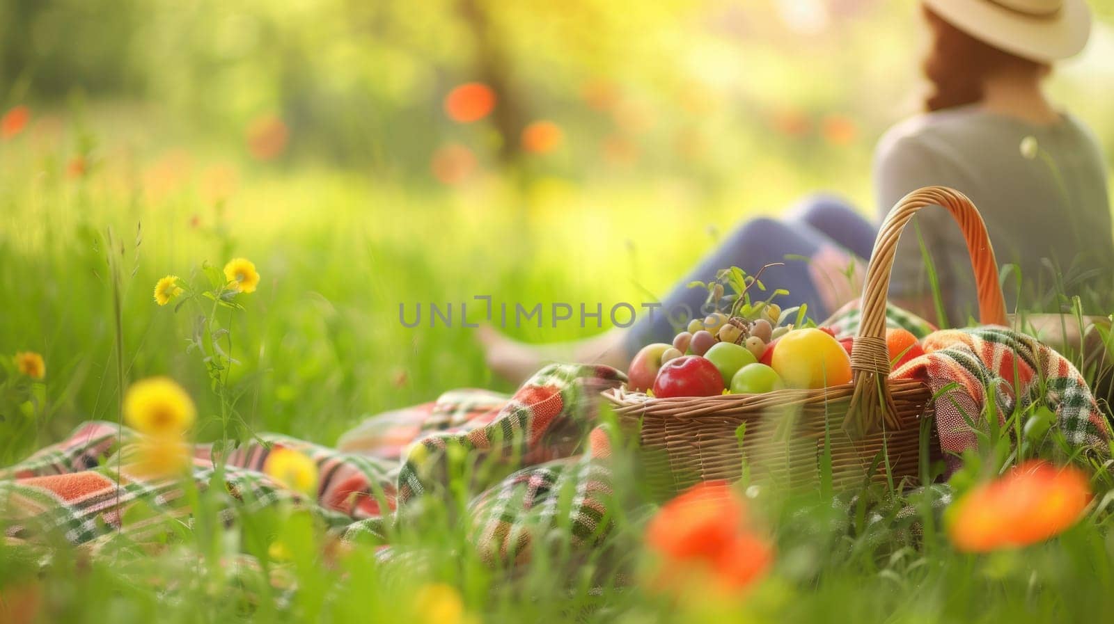 The picture of the person relaxing at the green grass field surrounded with the nature under the sunlight of the bright day of spring, the picnic is activity to relaxing,socializing and eating. AIG43.