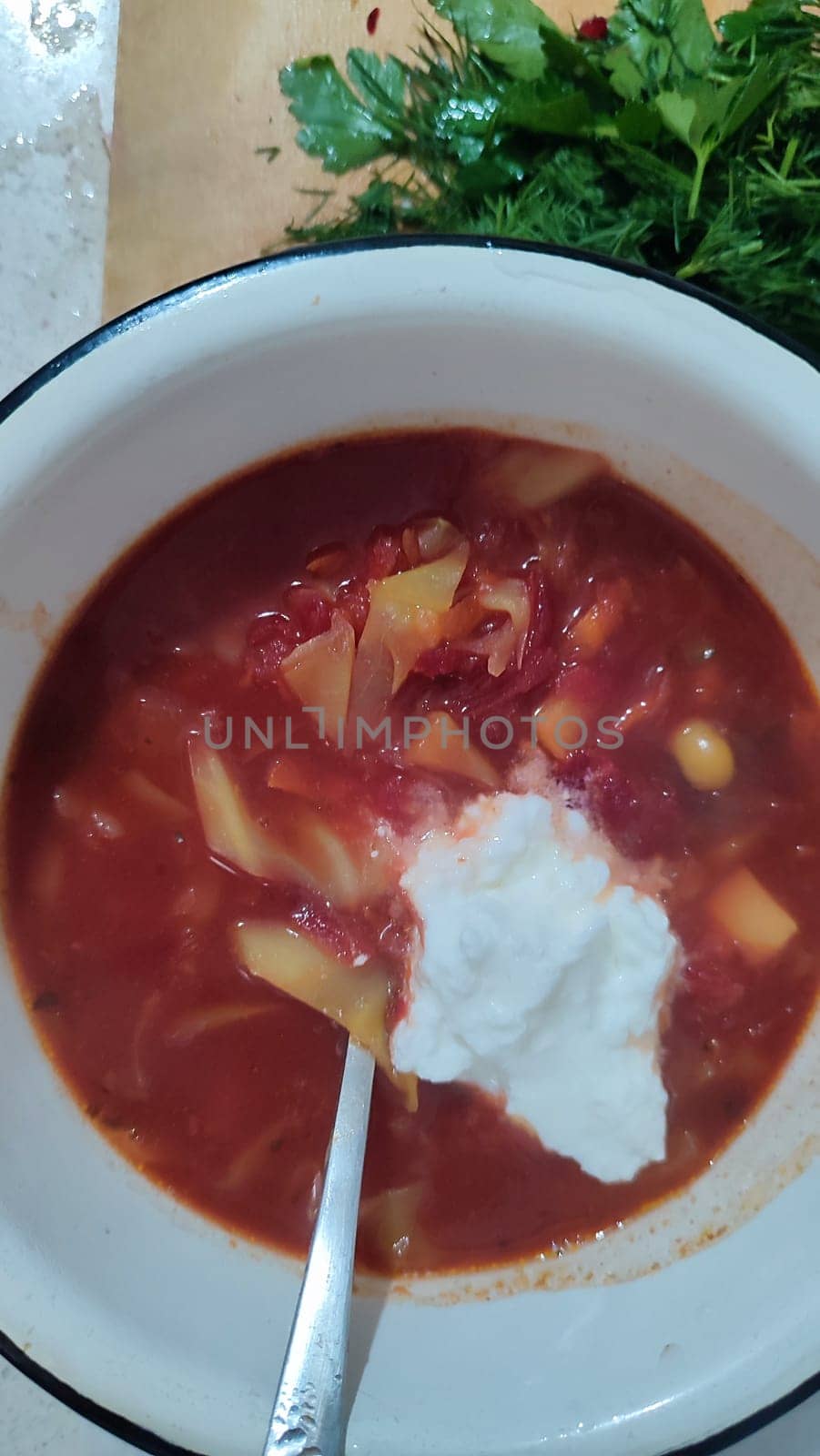 red borscht soup with parsley, food lunch cooking. High quality photo