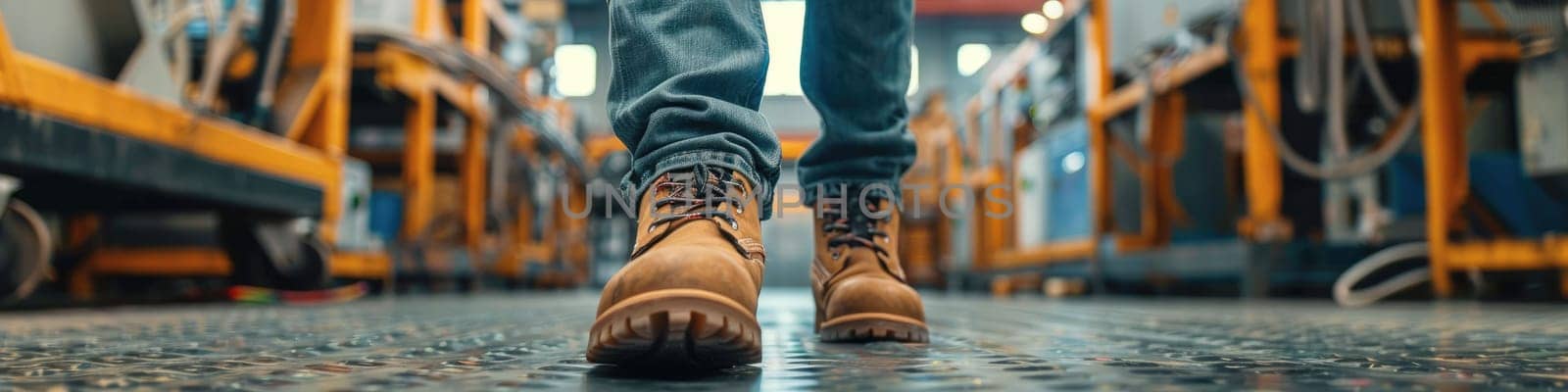 The close up picture view of the engineer is working inside the factory and focus on the boots, the engineer require skill like the technical experience, management and the communication skill. AIG43.