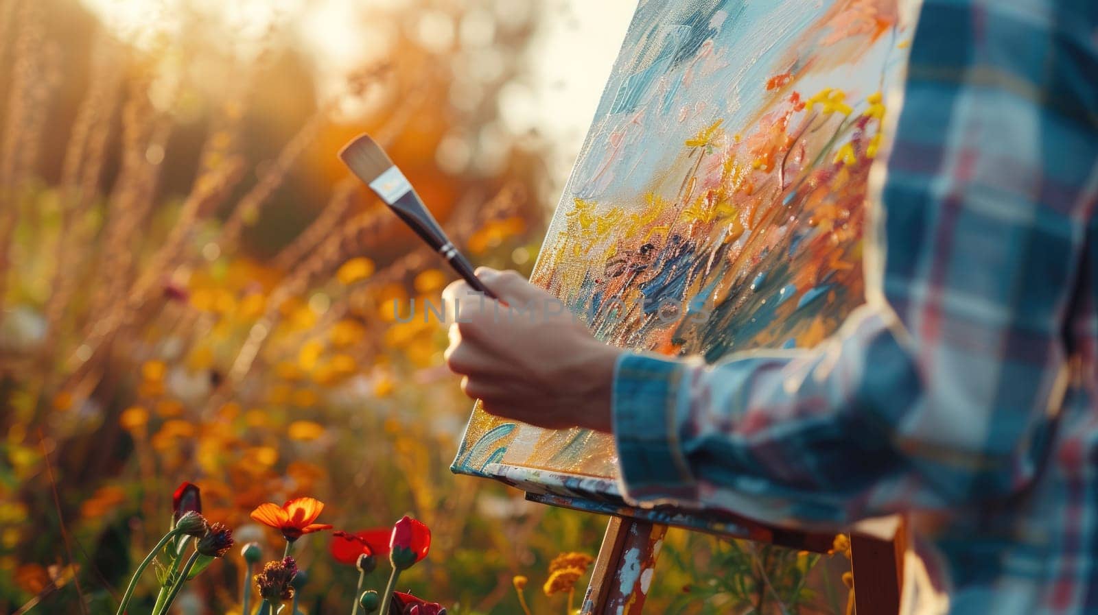 The close up picture of the artist is drawing the painting of the nature that has been surrounded of painter, the painting artist require skill like creativity, patience, focus and experience. AIG43.